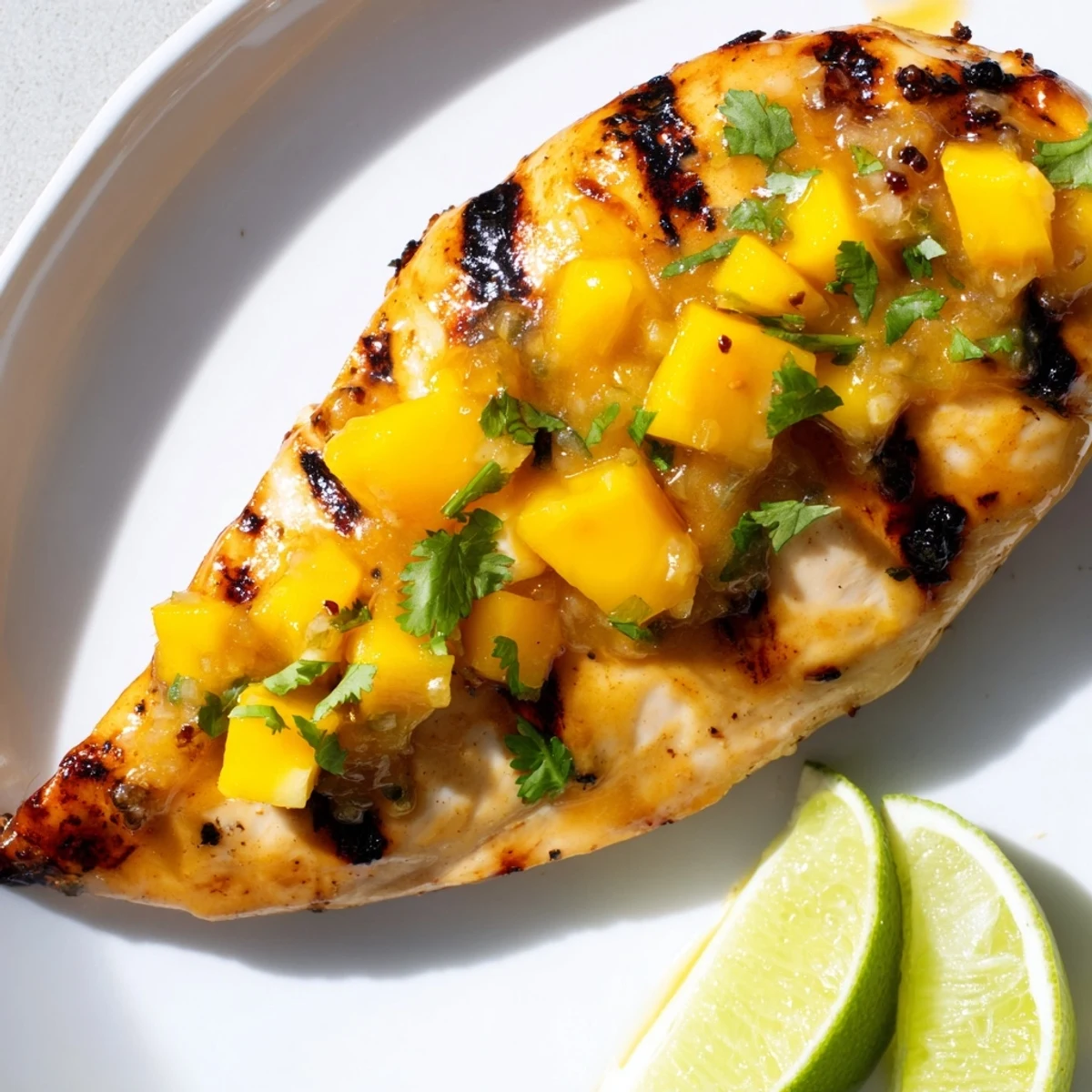 Golden grilled mango lime chicken breast garnished with fresh cilantro and lime wedges on a white plate