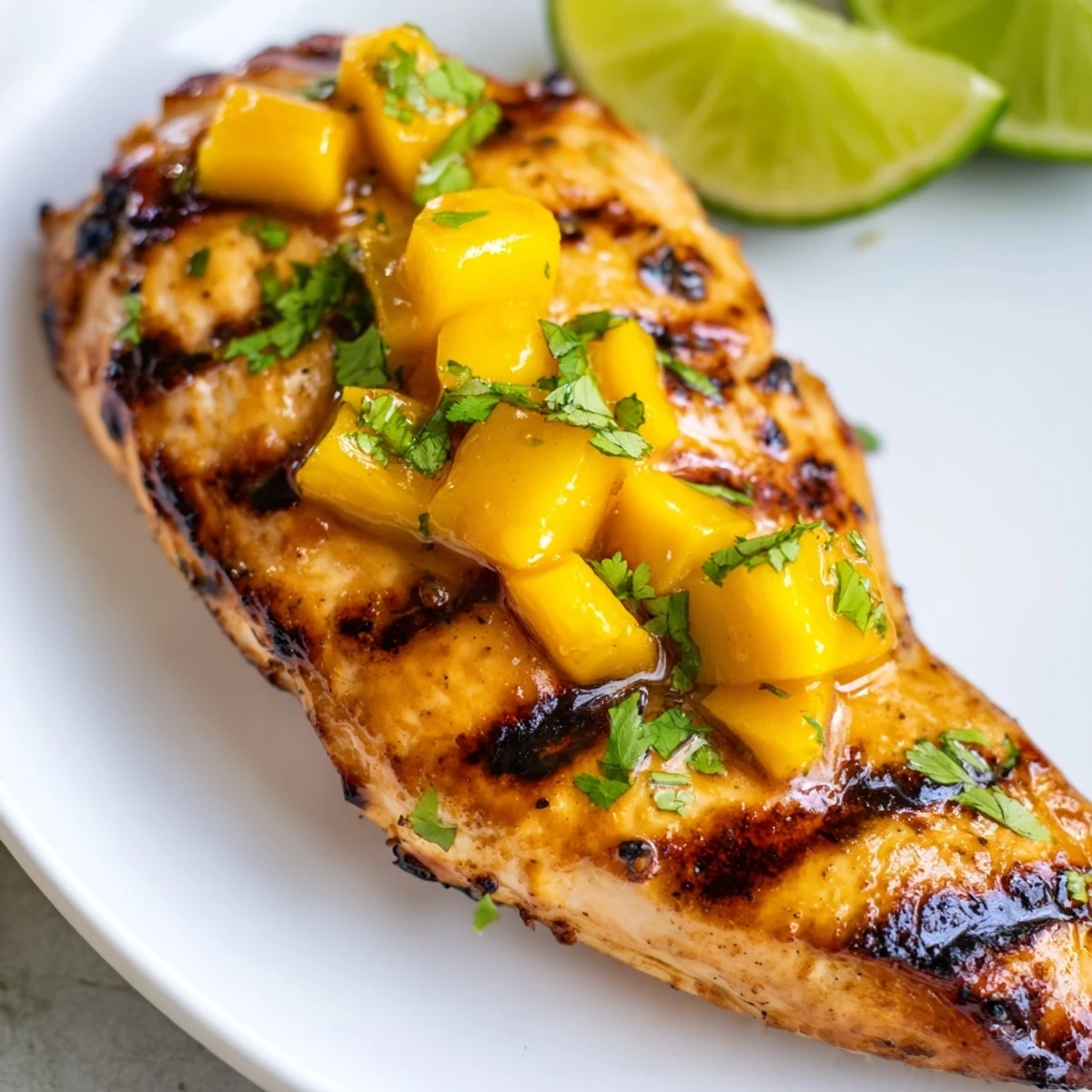 Juicy chicken breast marinated in tropical mango lime grilled to perfection with beautiful char marks