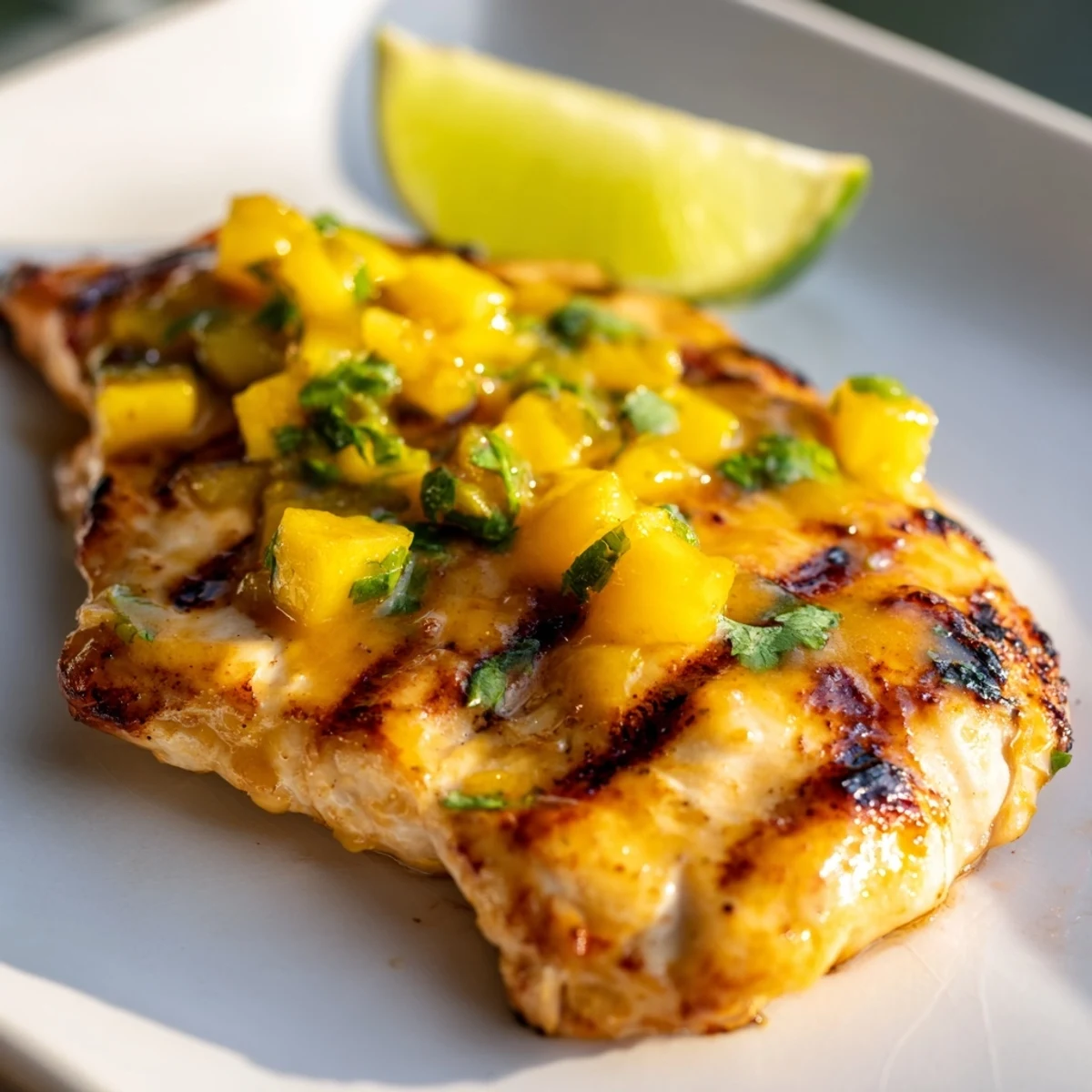 Summer grilled mango lime chicken resting on a cutting board with zesty lime slices and herbs