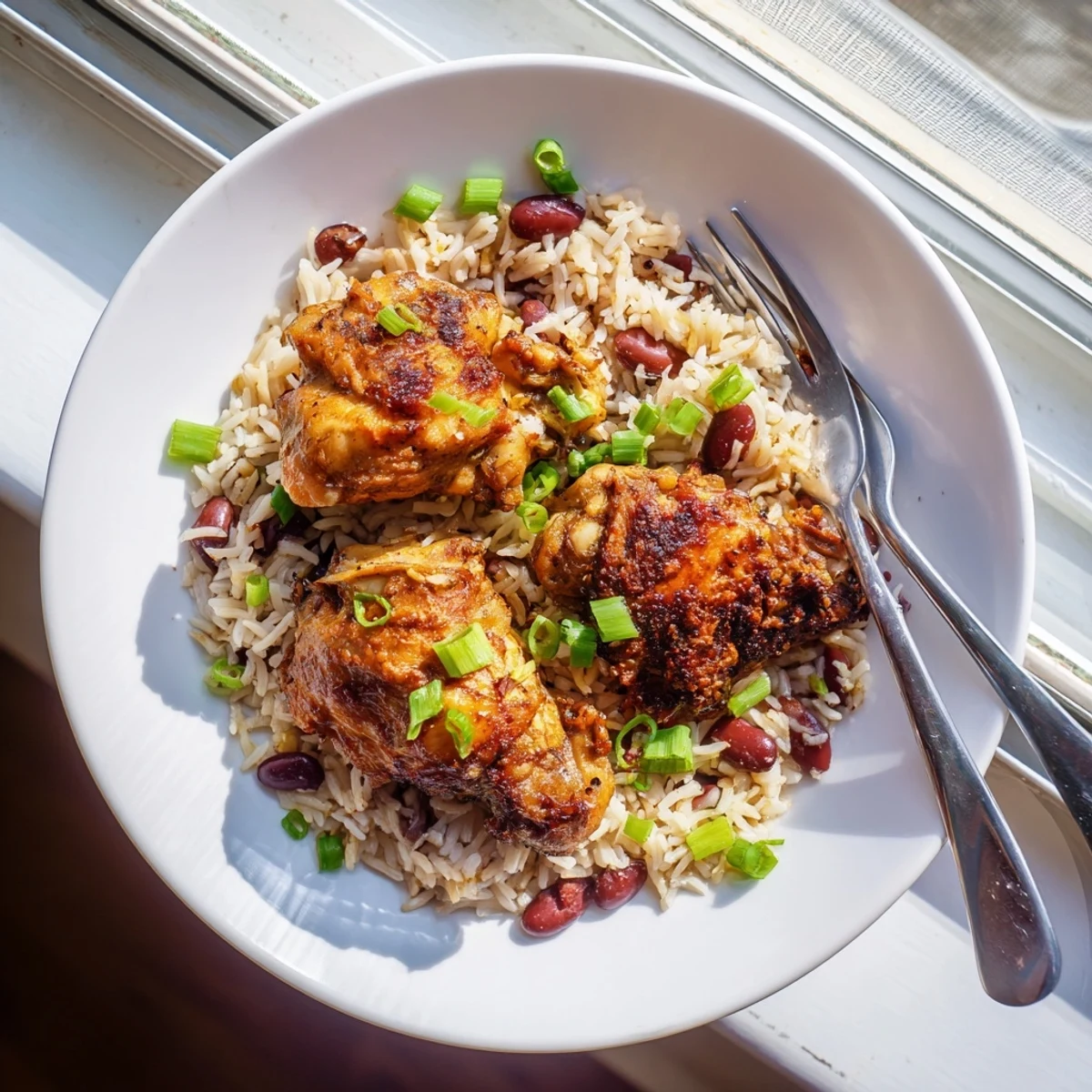 Golden brown jerk chicken thighs resting on fluffy coconut rice with red kidney beans