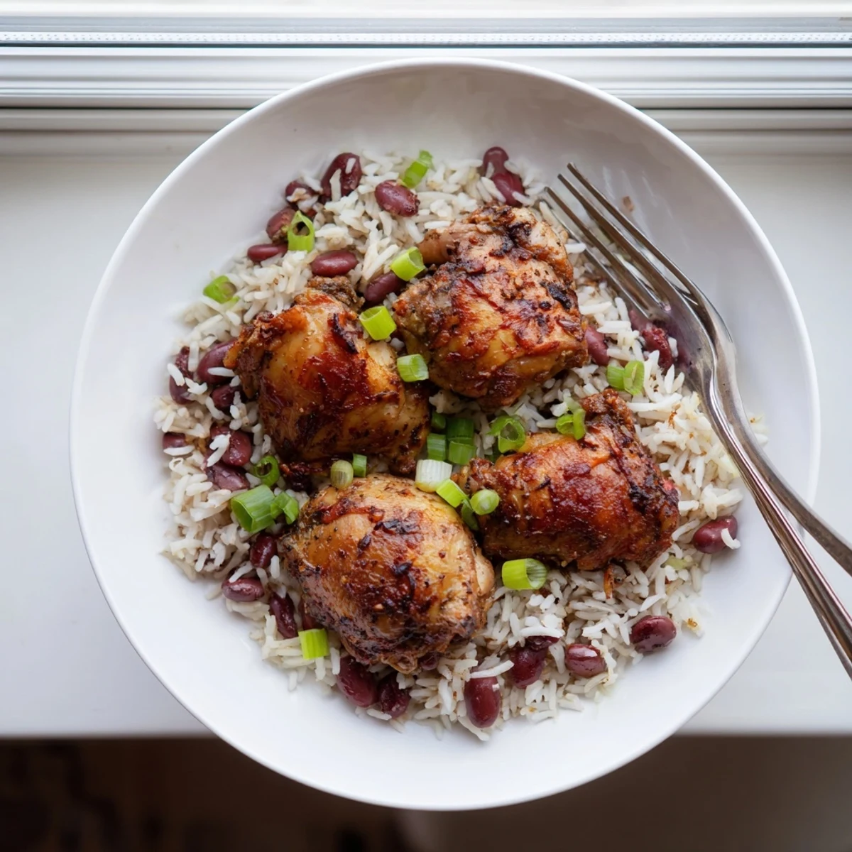Spicy Caribbean jerk chicken plated over aromatic coconut rice and beans with green onion garnish