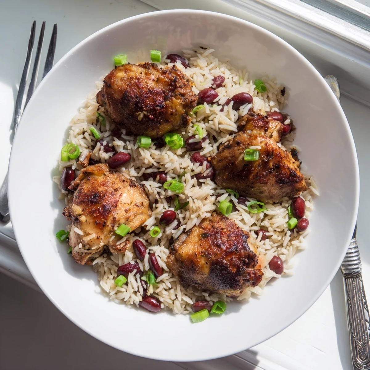 Succulent jerk-seasoned chicken served atop creamy coconut rice and kidney beans in a vibrant bowl