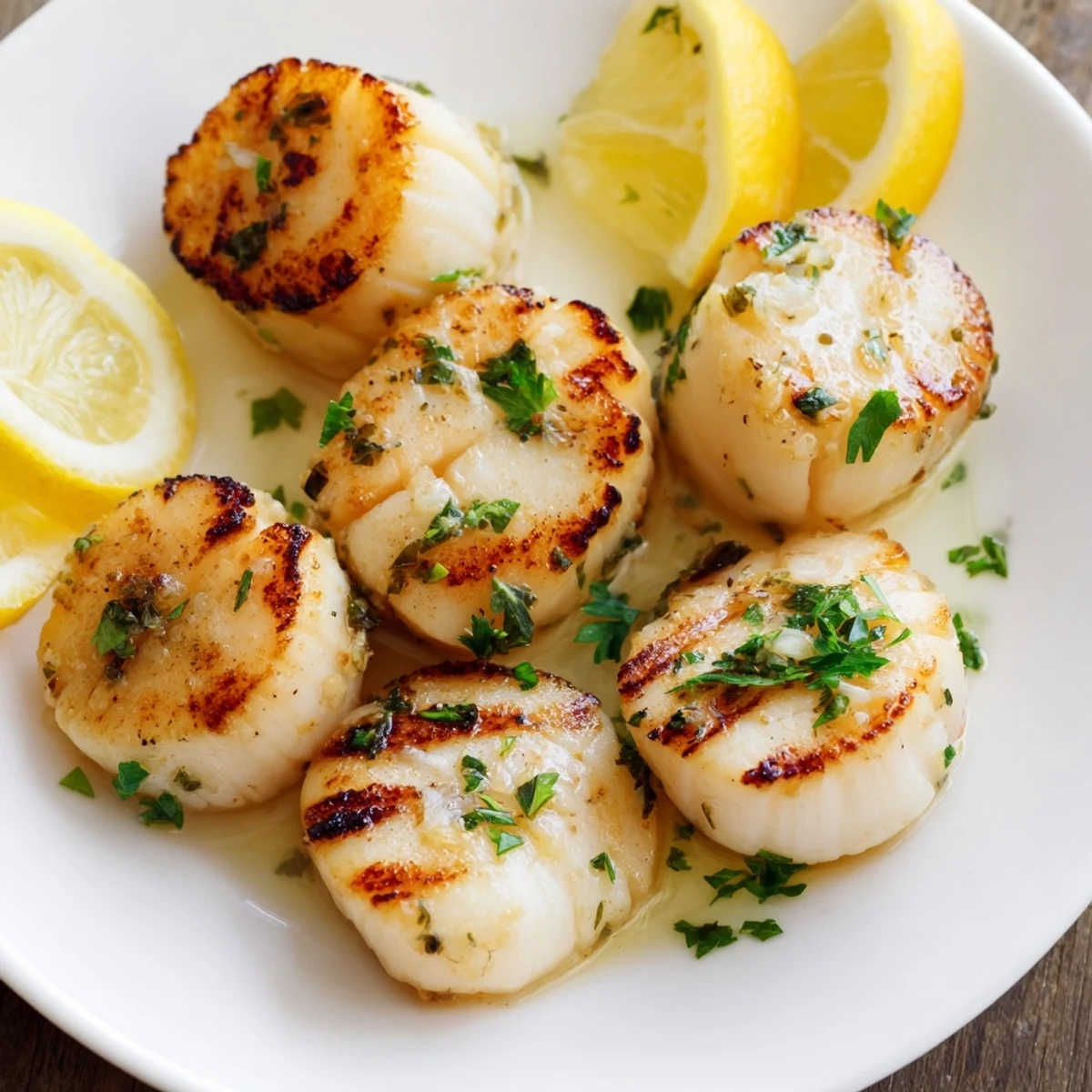 Golden grilled scallops recipe with a caramelized crust and fresh lemon wedges on a white serving plate
