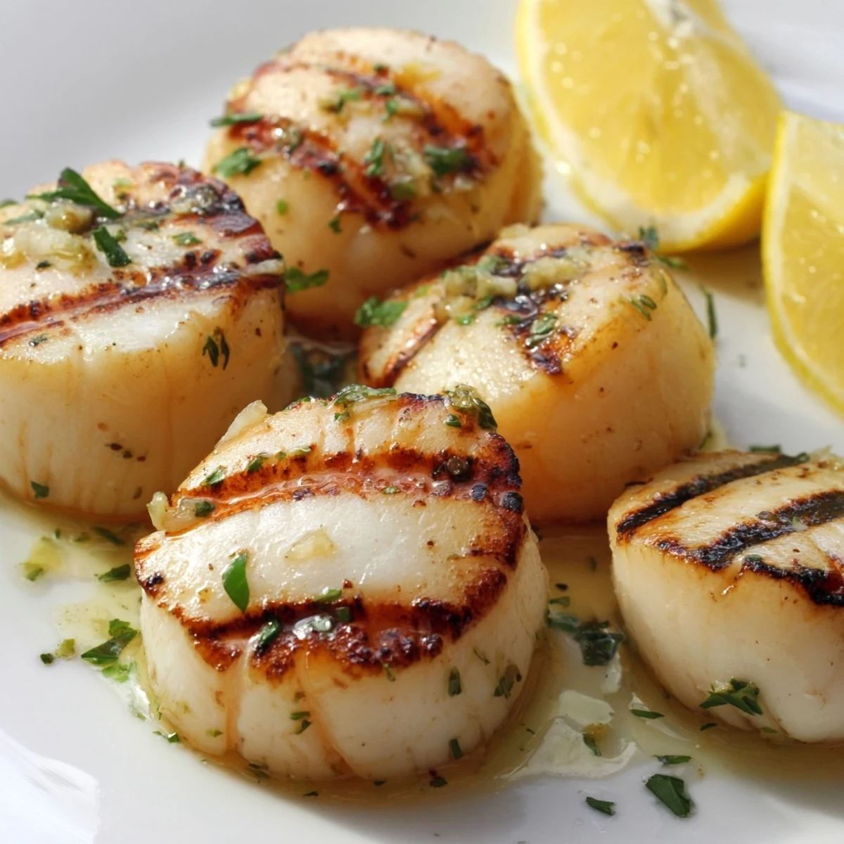 Juicy grilled scallops recipe arranged on a platter with bright lemon accents and herb seasoning