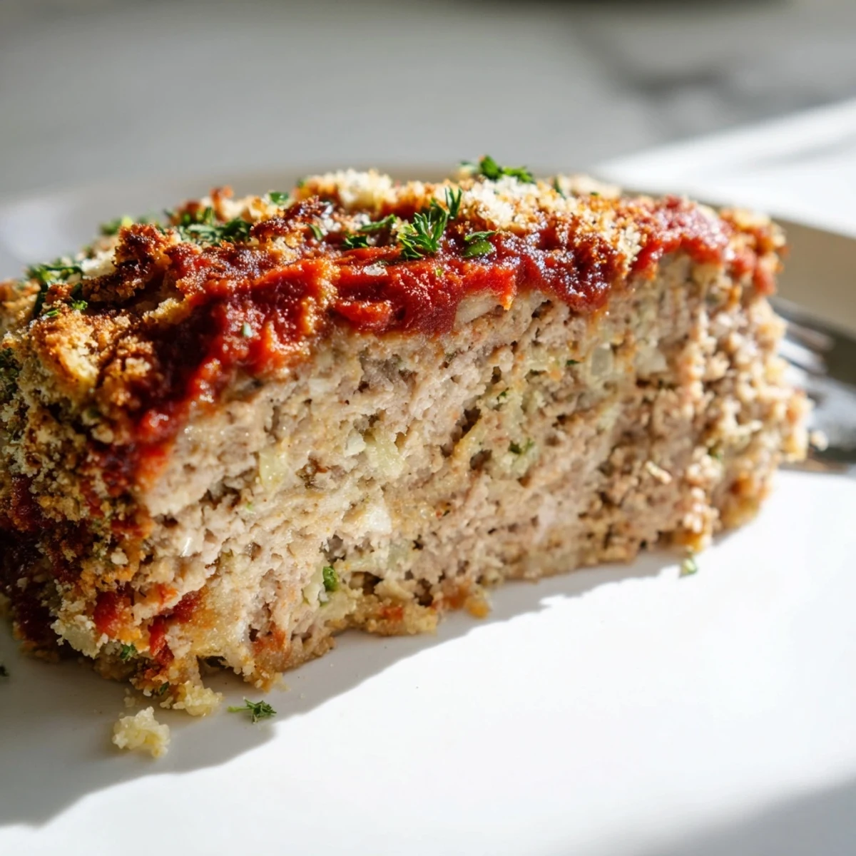 Golden Parmesan crusted turkey meatloaf slices topped with crispy cheese and fresh parsley garnish