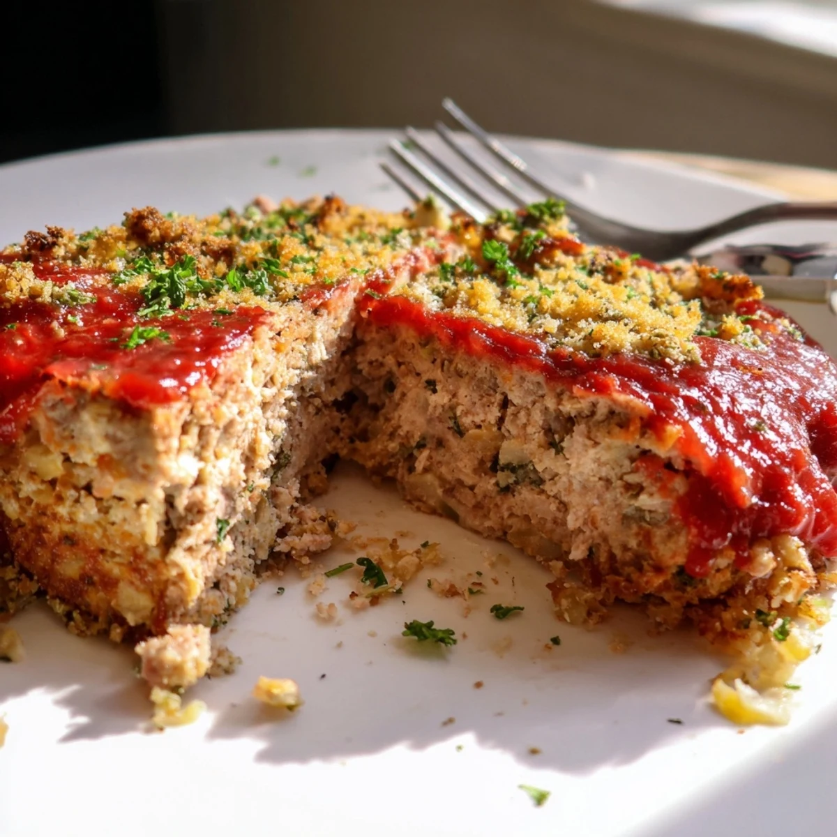 Baked Parmesan crusted turkey meatloaf with melted ketchup glaze on a white serving plate