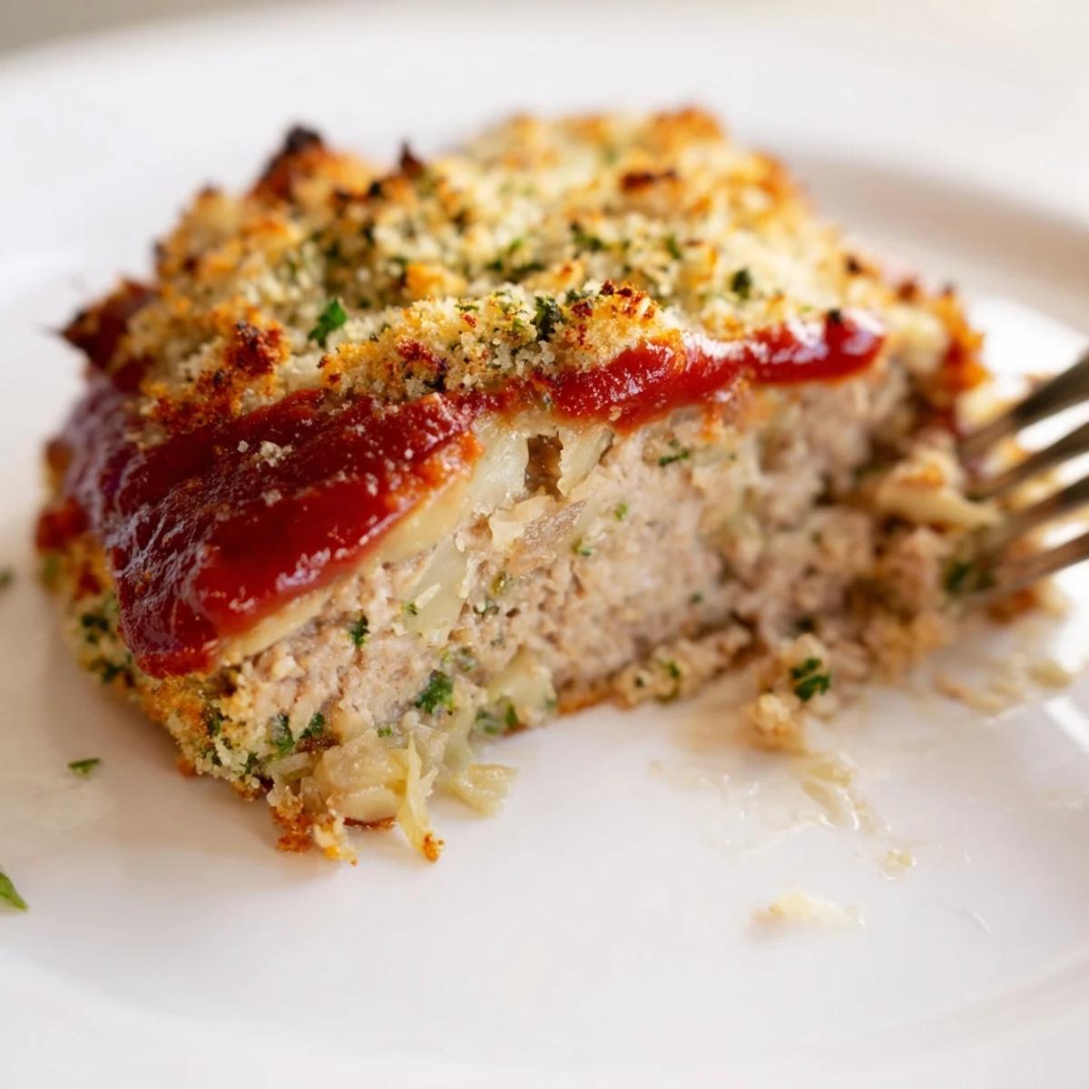 Savory turkey meatloaf with crunchy Parmesan breadcrumb crust sliced for serving on wooden board