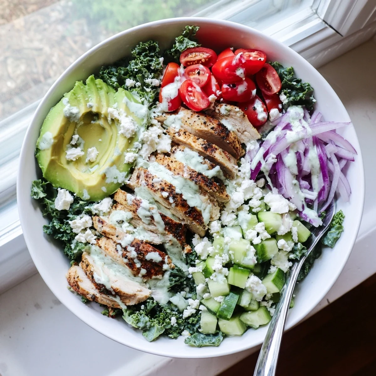 Golden sliced marinated chicken resting atop massaged kale with fresh vegetables in a marinated kale and chicken bowl