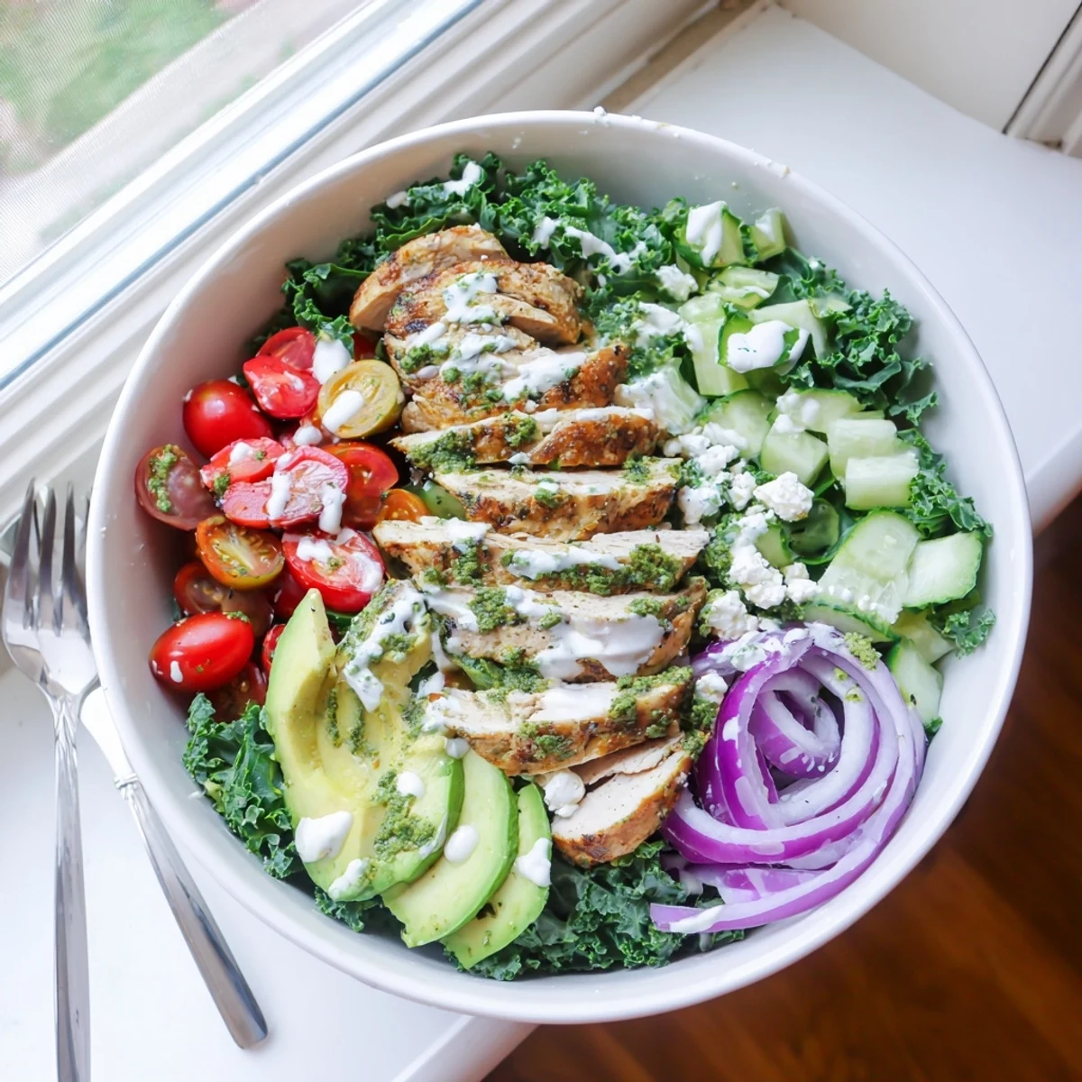 Wholesome marinated kale and chicken bowl arranged with sliced avocado red onion and crumbled feta cheese