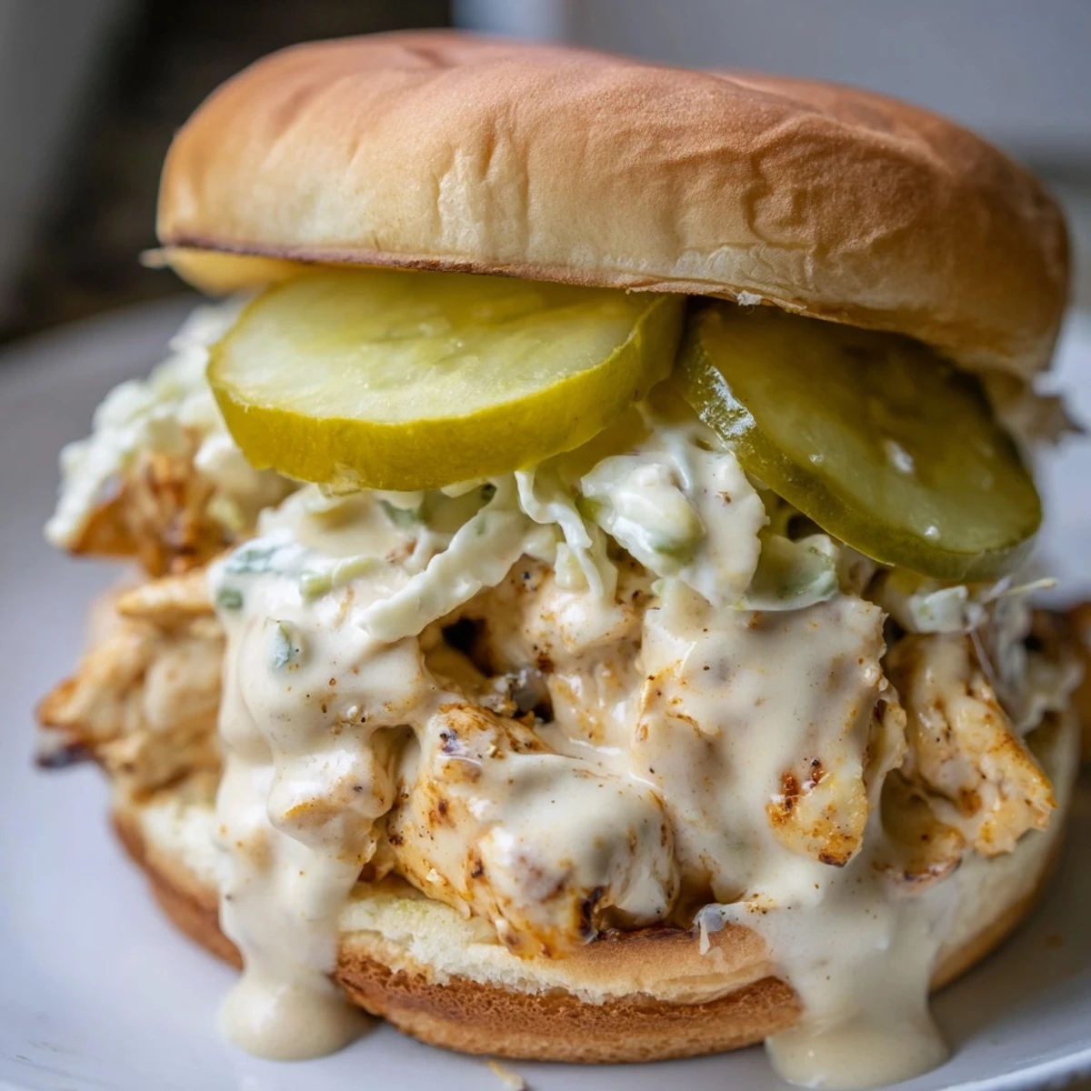 Golden grilled chicken chopped and coated in creamy Alabama white BBQ sauce piled on a toasted bun with crisp coleslaw