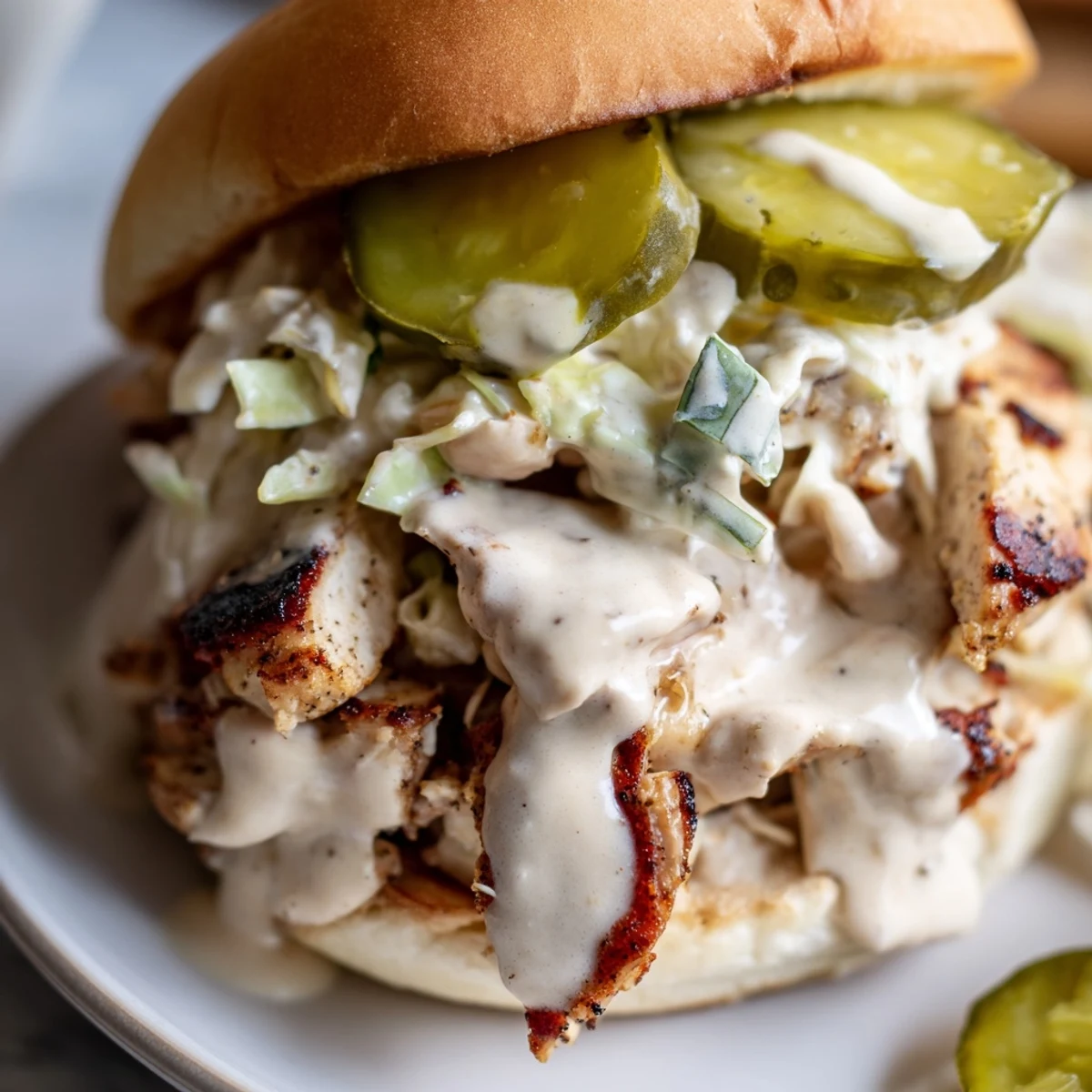 Alabama BBQ Chicken Chopped Sandwich featuring smoky grilled chicken pieces drizzled with tangy white sauce and topped with crunchy pickles