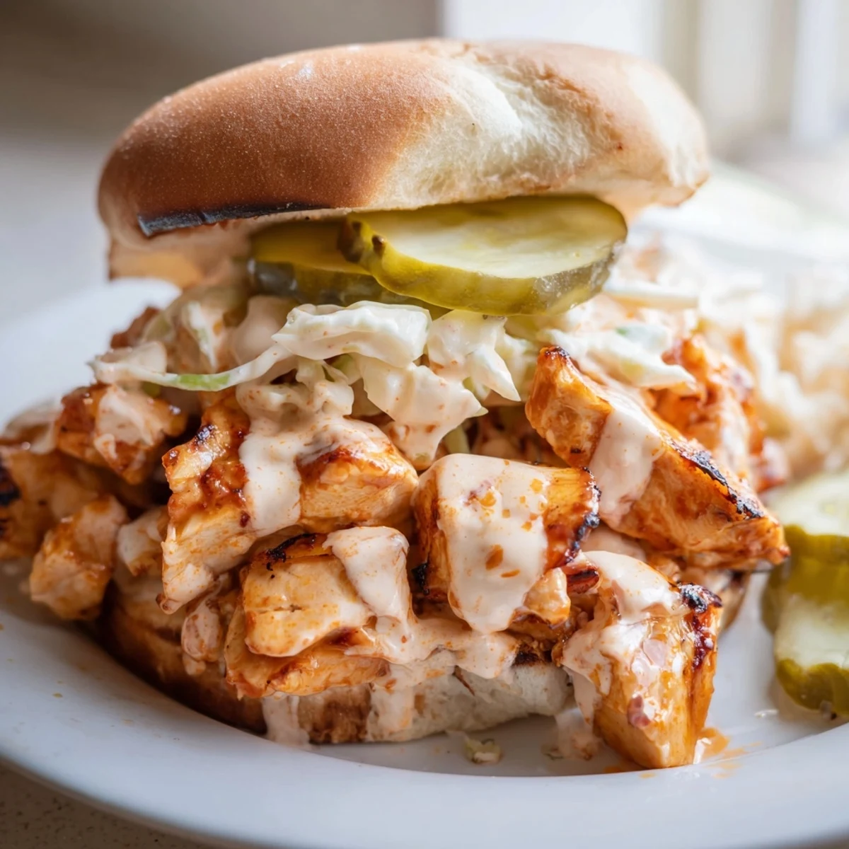 Heaping portion of saucy Alabama BBQ Chicken Chopped Sandwich served on a soft bun with refreshing coleslaw and extra white sauce