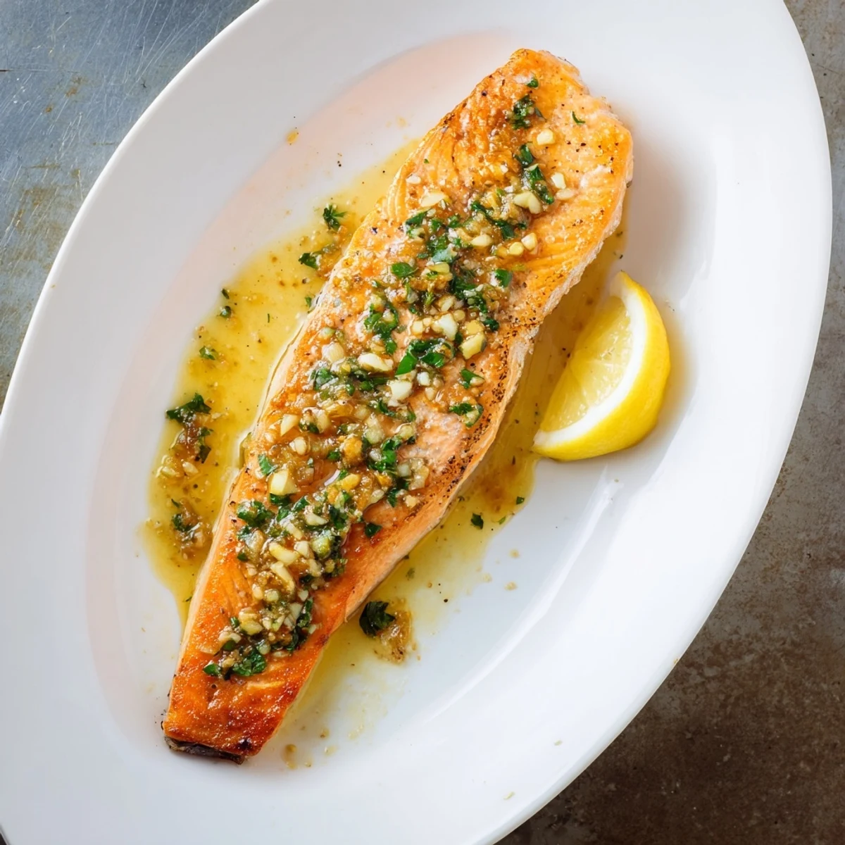 Golden pan seared salmon with garlic butter sauce drizzled over crispy skin fillets on a white plate