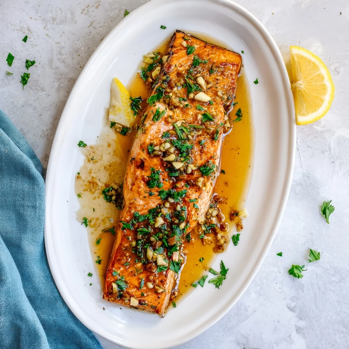 Restaurant-worthy pan seared salmon fillets glistening with garlic butter and topped with fresh parsley and lemon