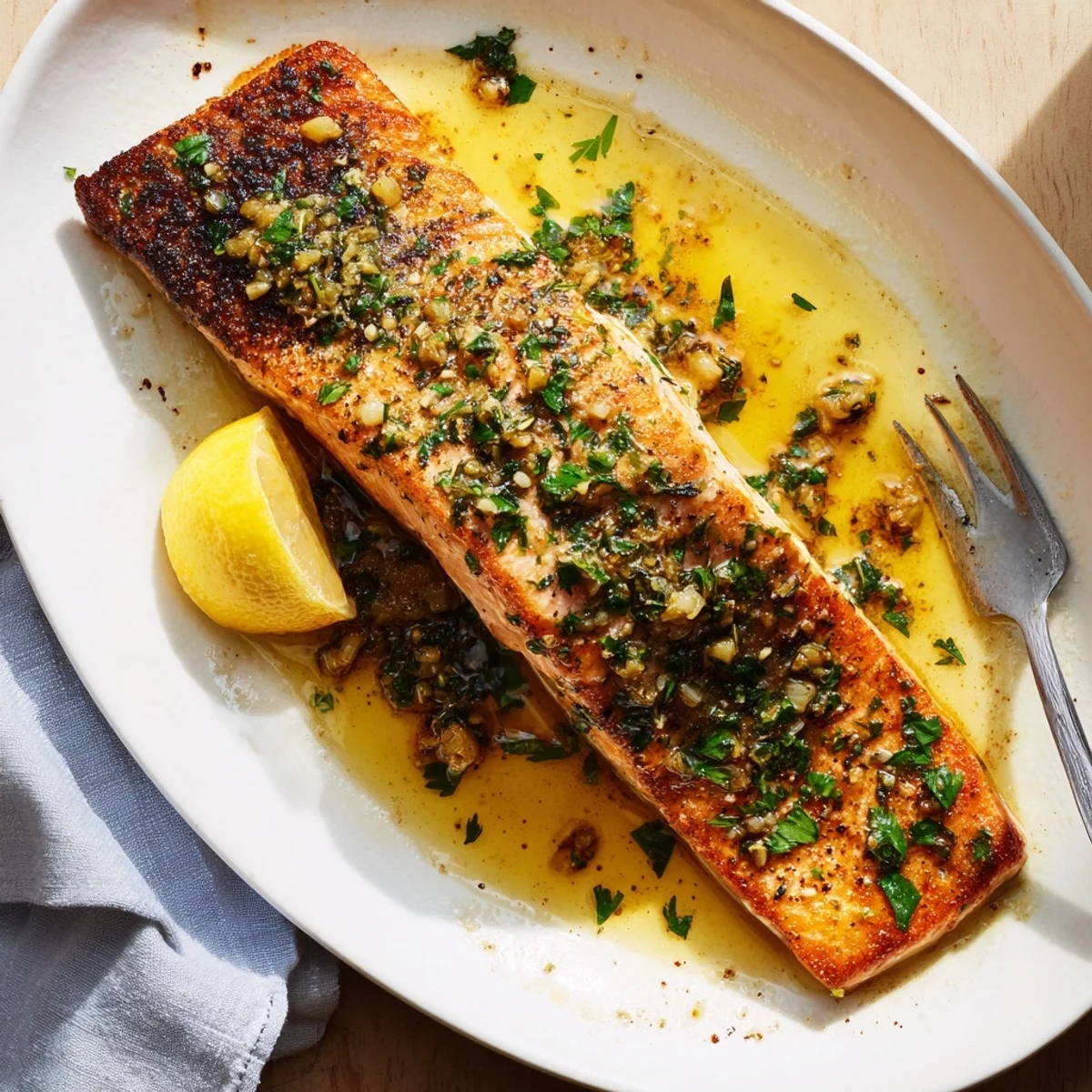 Perfectly cooked pan seared salmon with golden crispy skin served in a luscious garlic butter sauce