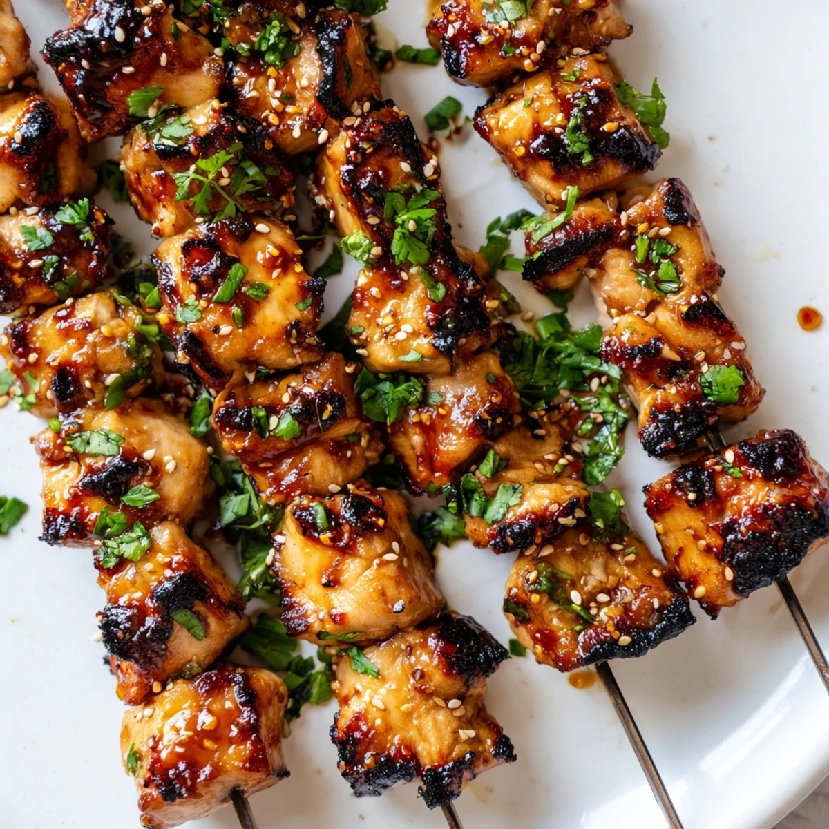 Golden grilled spicy honey garlic chicken skewers brushed with glossy glaze and fresh cilantro