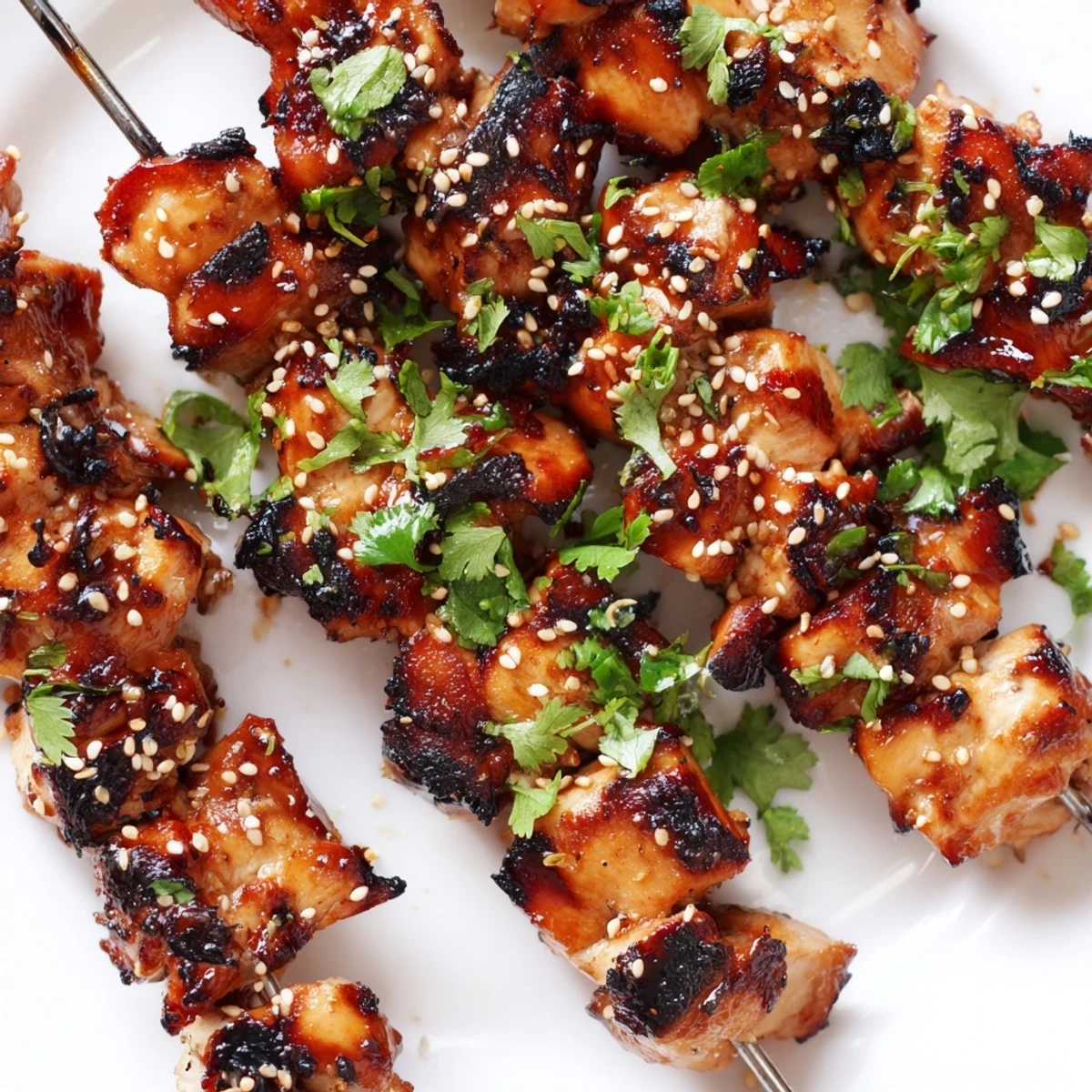 Plate of juicy honey garlic chicken skewers garnished with lime wedges and sesame seeds