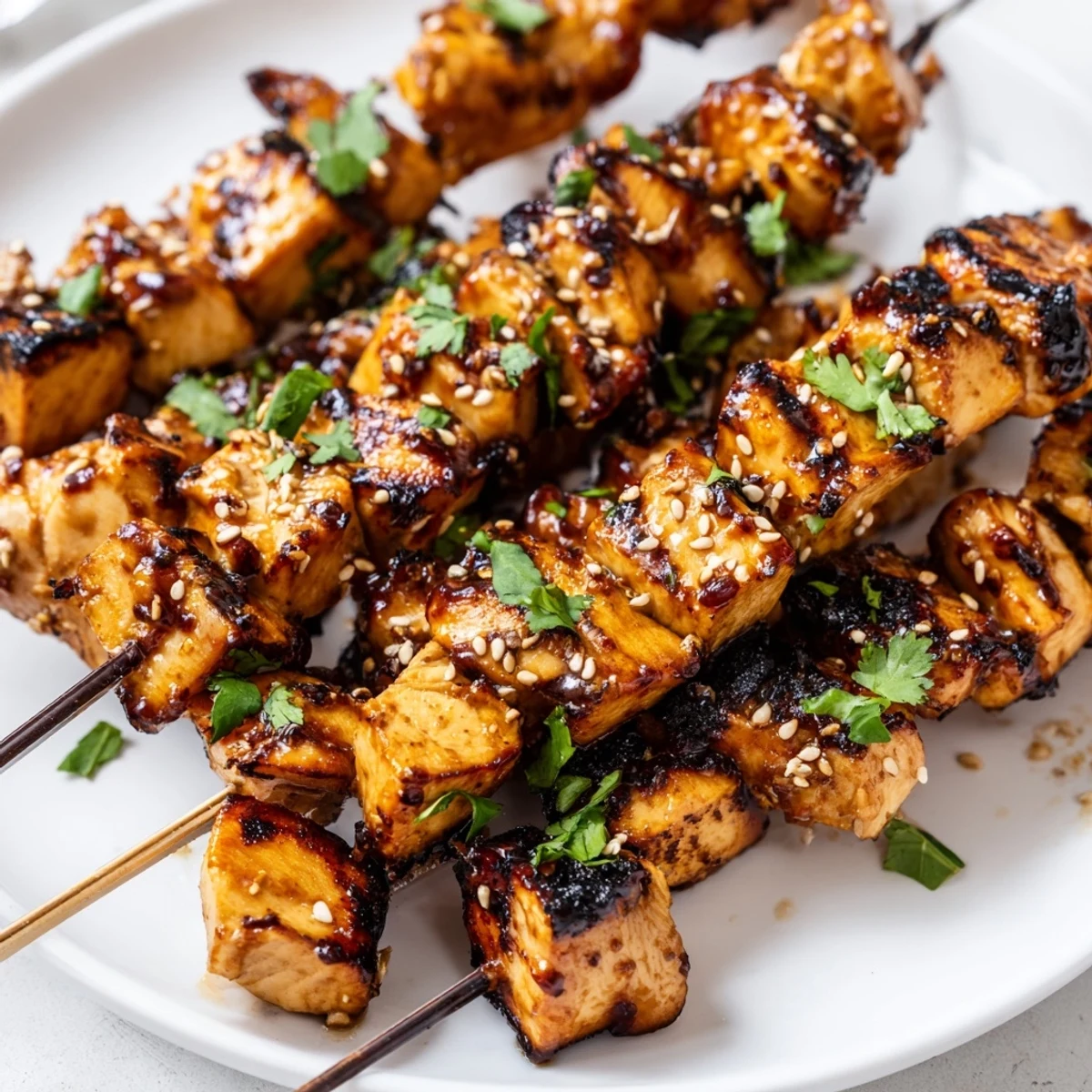 Tender marinated chicken cubes threaded on skewers with charred edges and sticky sweet-spicy coating