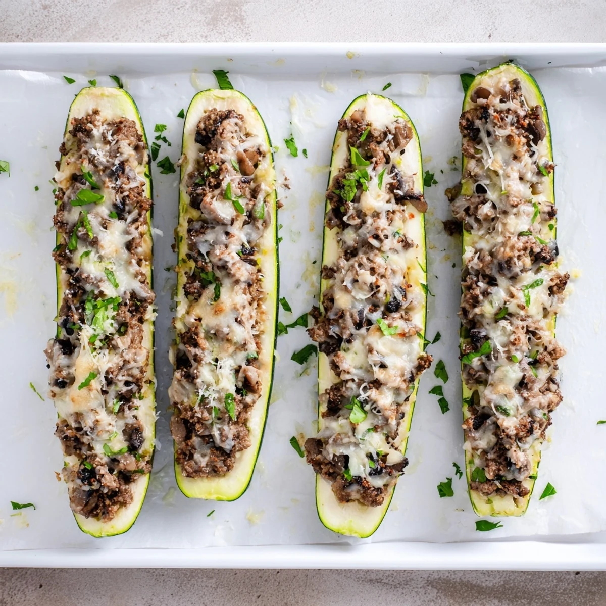 Golden melted cheese tops these beef tenderloin mushroom stuffed zucchini boats fresh from the oven