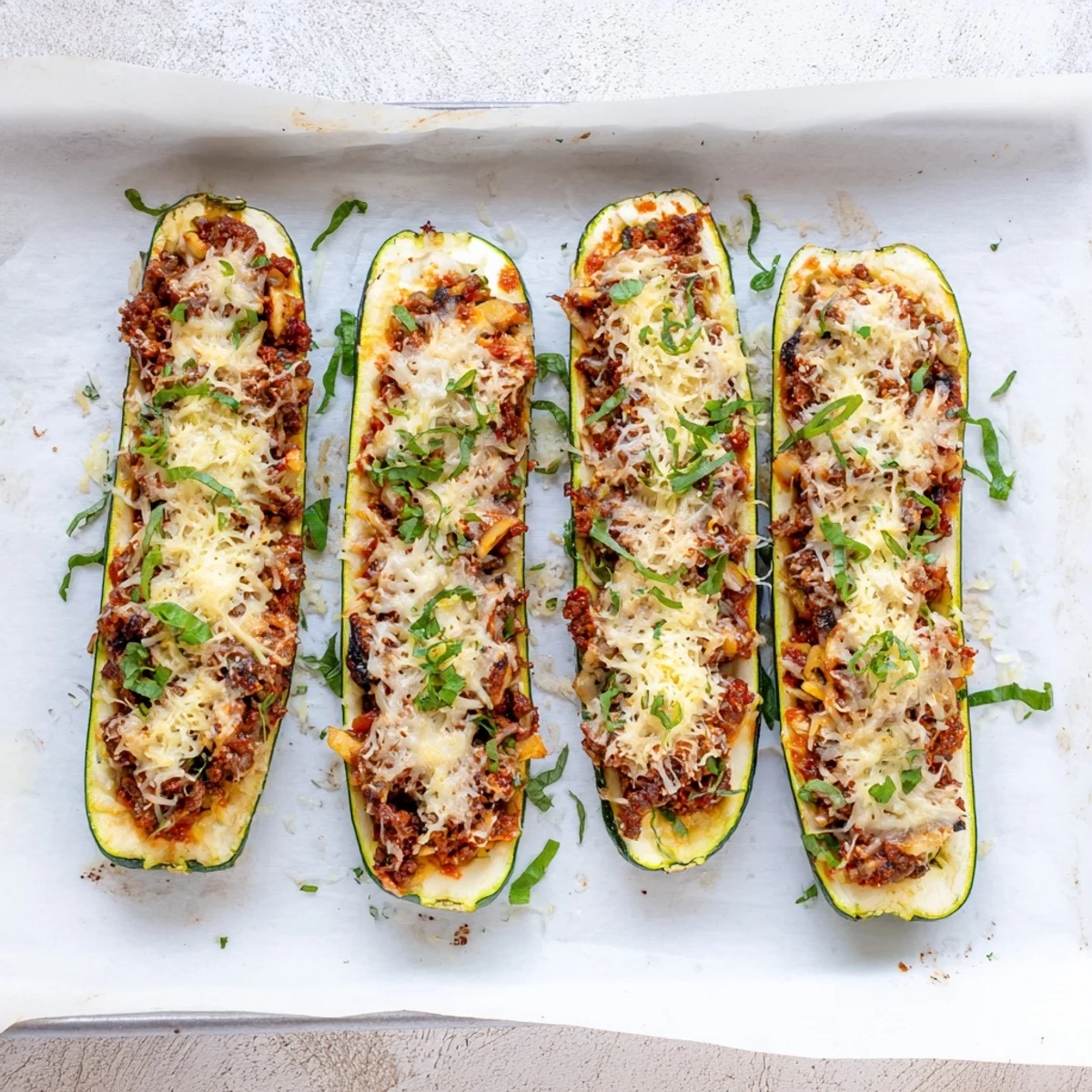 Tender zucchini halves filled with savory beef and mushrooms finished with bubbling mozzarella and Parmesan