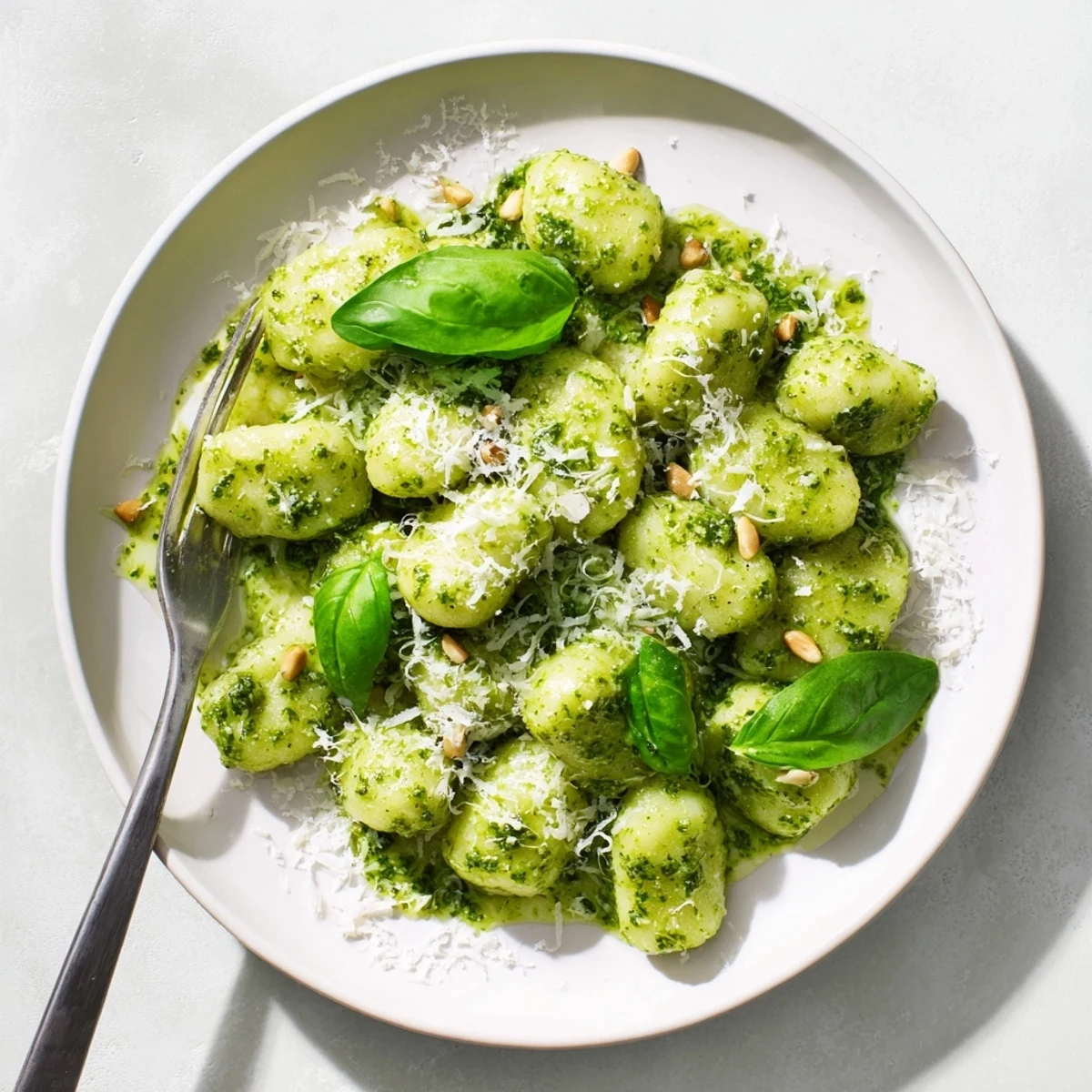 Golden potato gnocchi coated in vibrant green basil pesto sauce with grated Parmesan