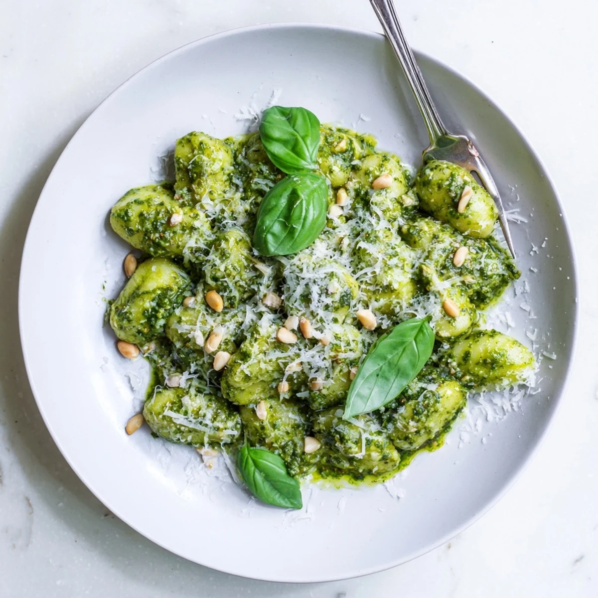 Soft pillowy gnocchi tossed with fresh homemade pesto and garnished with basil leaves