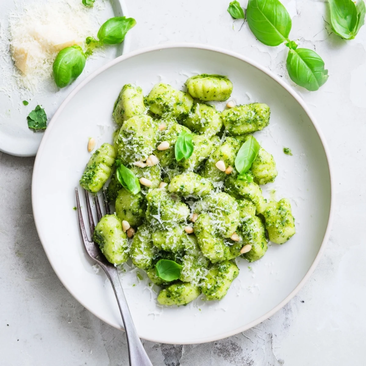 Creamy Italian pesto gnocchi dish topped with extra pine nuts and shredded cheese