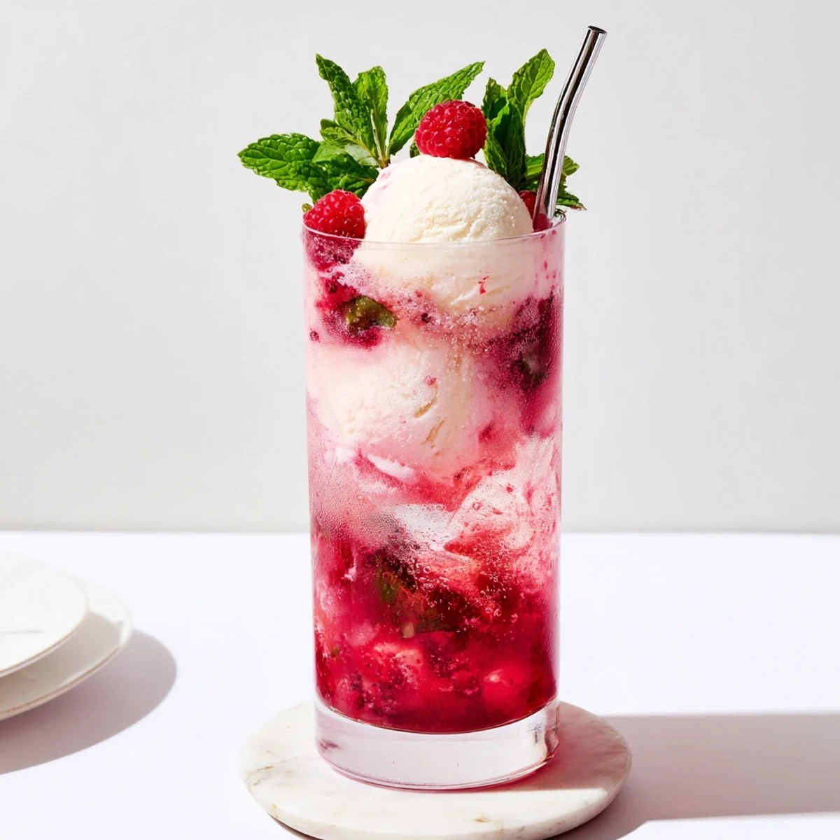 Tall glass of raspberry mint mojito rebel float topped with melting vanilla ice cream scoop