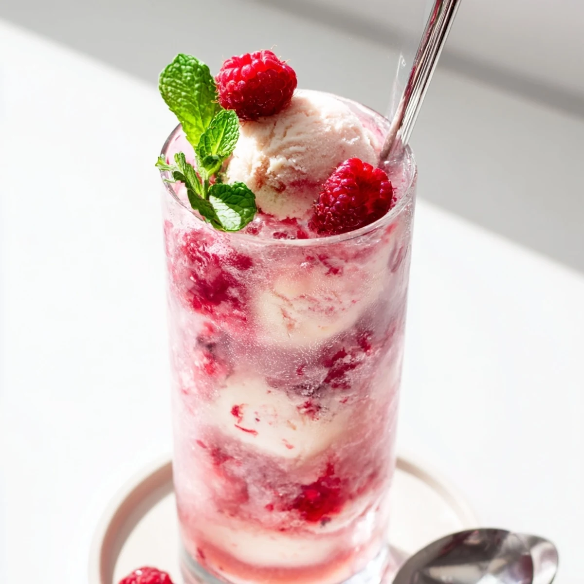 Refreshing raspberry mint mojito rebel float with fresh berries and mint garnish in glass