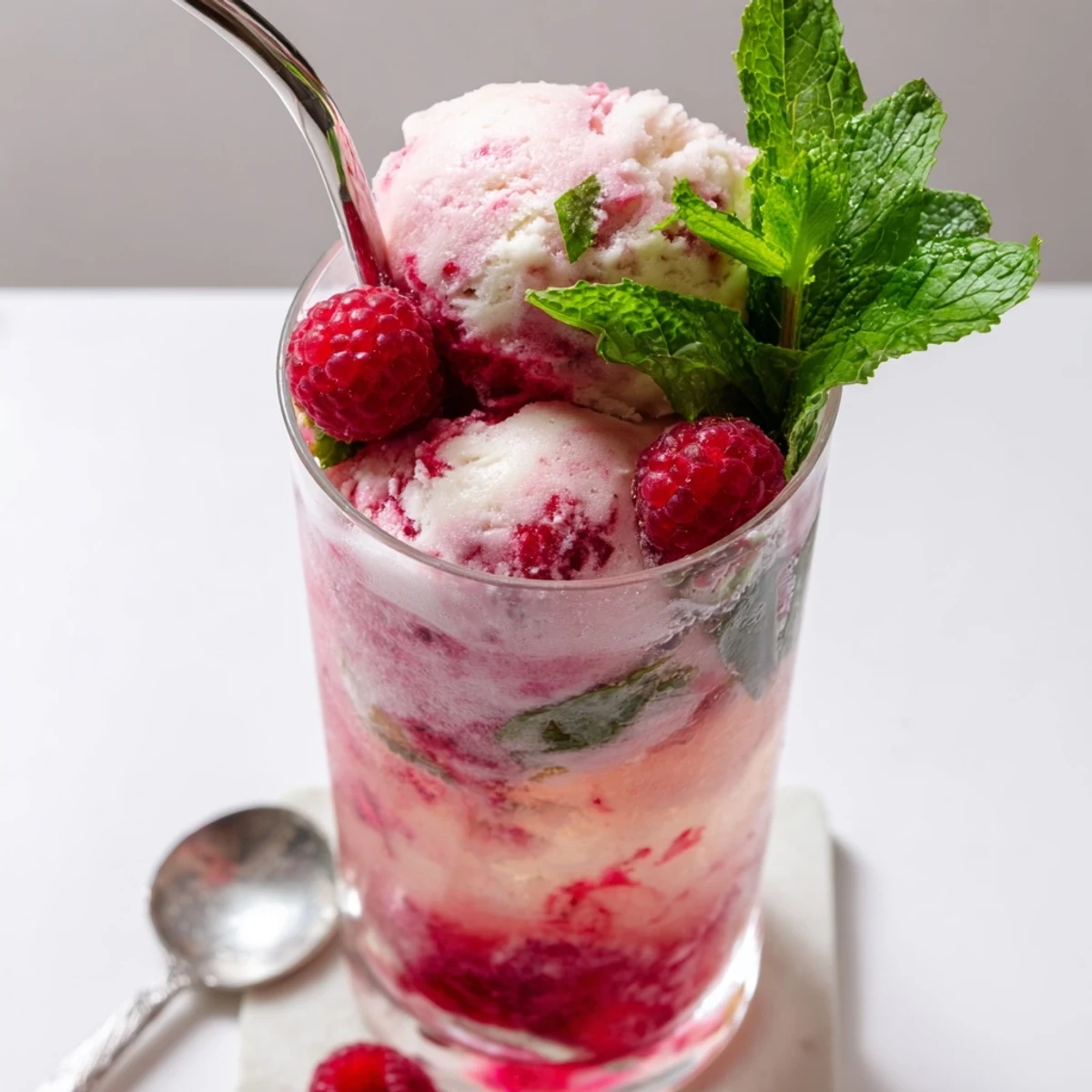 Creamy vanilla ice cream floating in raspberry mint mojito rebel float with lime wedge