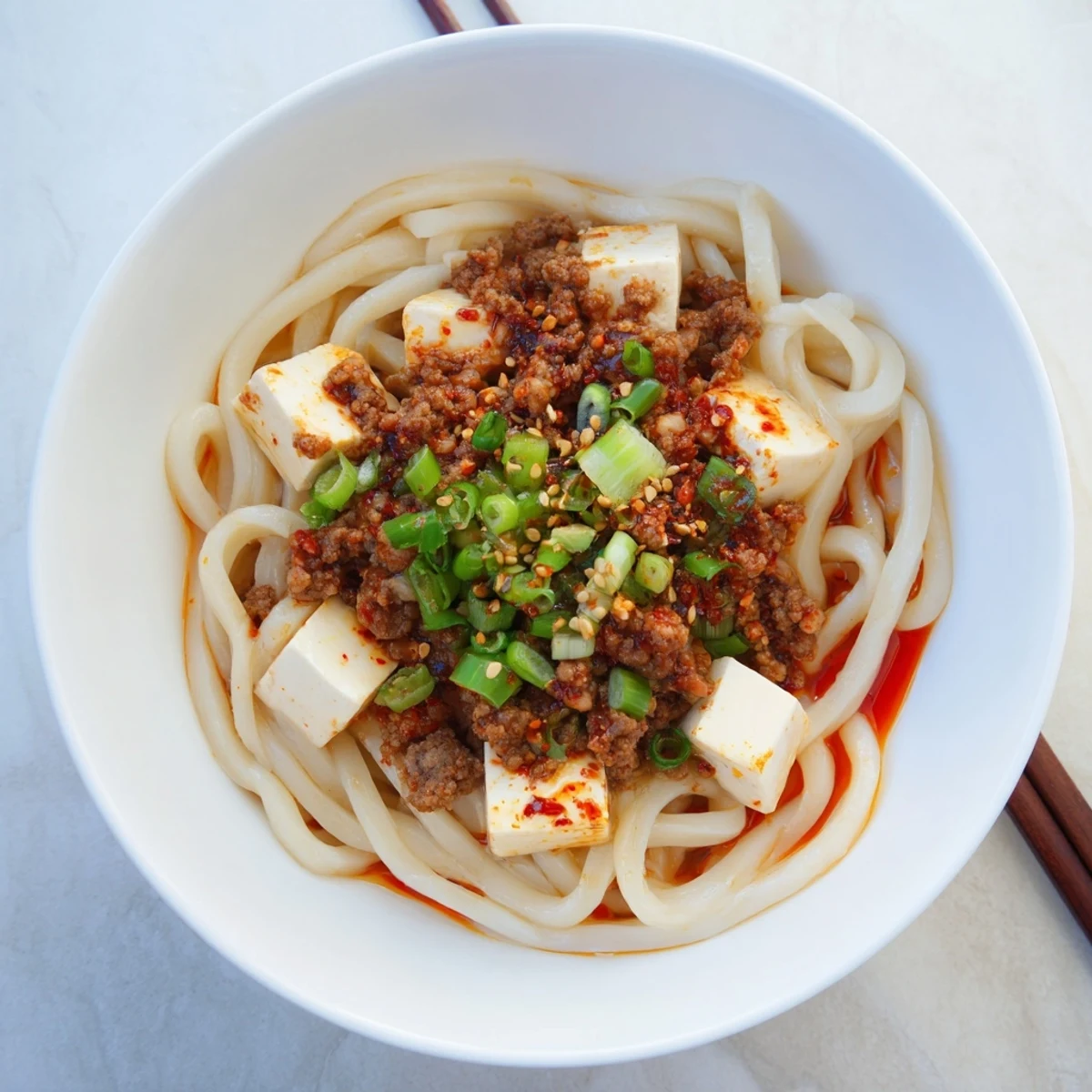 Plated mapo tofu udon dish garnished with fresh green onions, sesame seeds, and optional chili oil drizzle over thick udon noodles