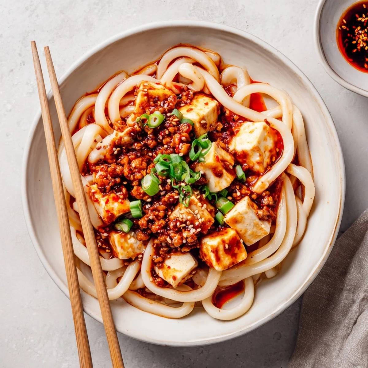 Steaming bowl of mapo tofu udon featuring chewy noodles topped with spicy pork and tender tofu cubes in rich red sauce