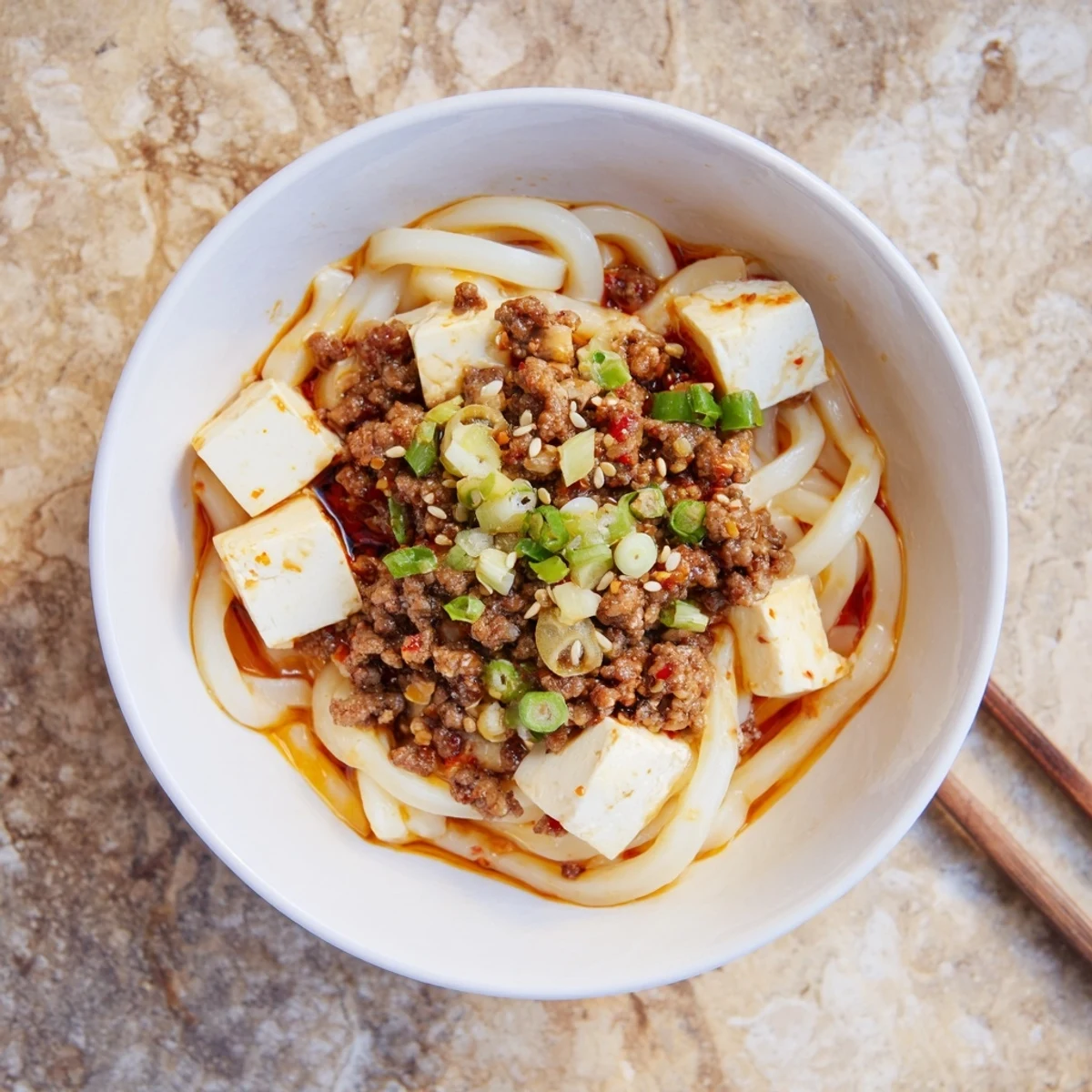 Close-up of mapo tofu udon fusion bowl showing soft tofu, ground meat, and glossy sauce coating Japanese wheat noodles