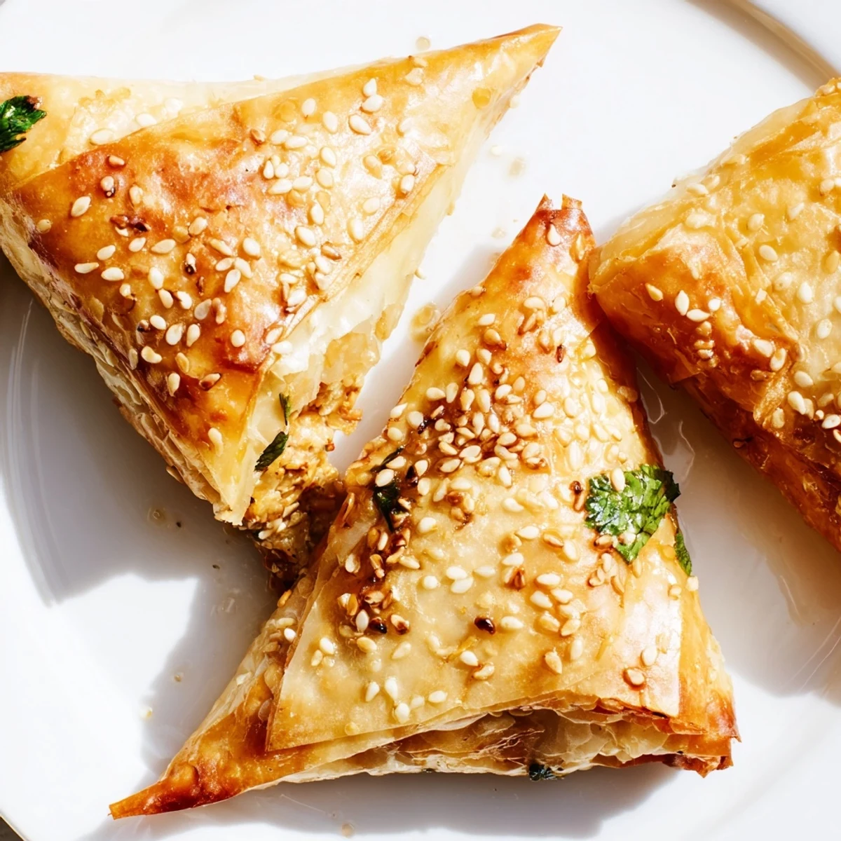 Crispy phyllo pastry triangles stuffed with aromatic Moroccan spiced chicken baked to perfection