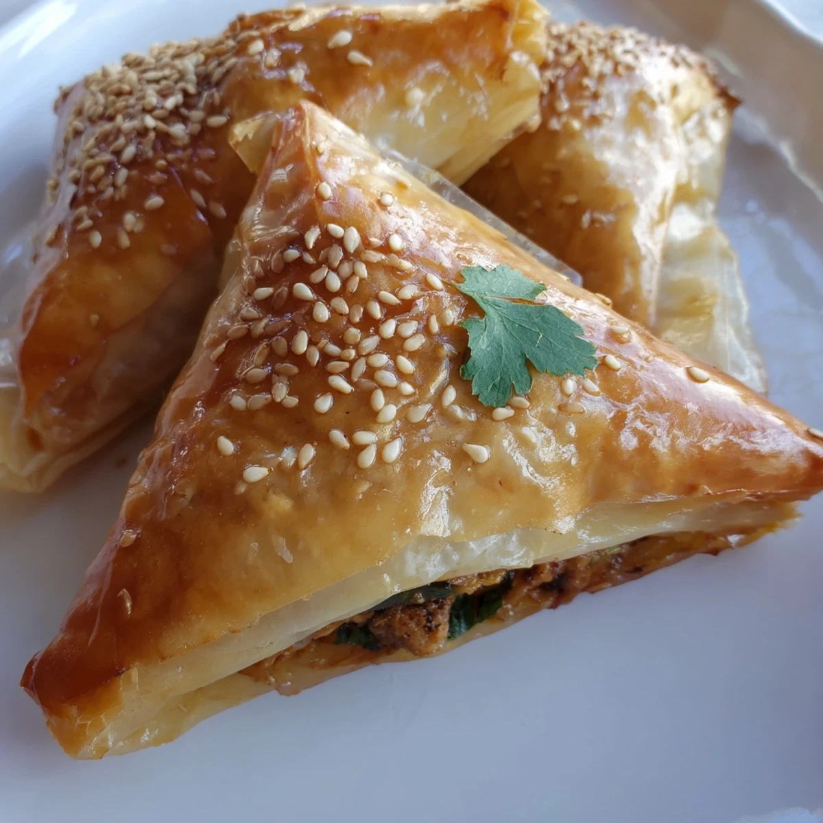 Golden brown Moroccan spiced chicken briouats arranged on a white serving platter with garnish