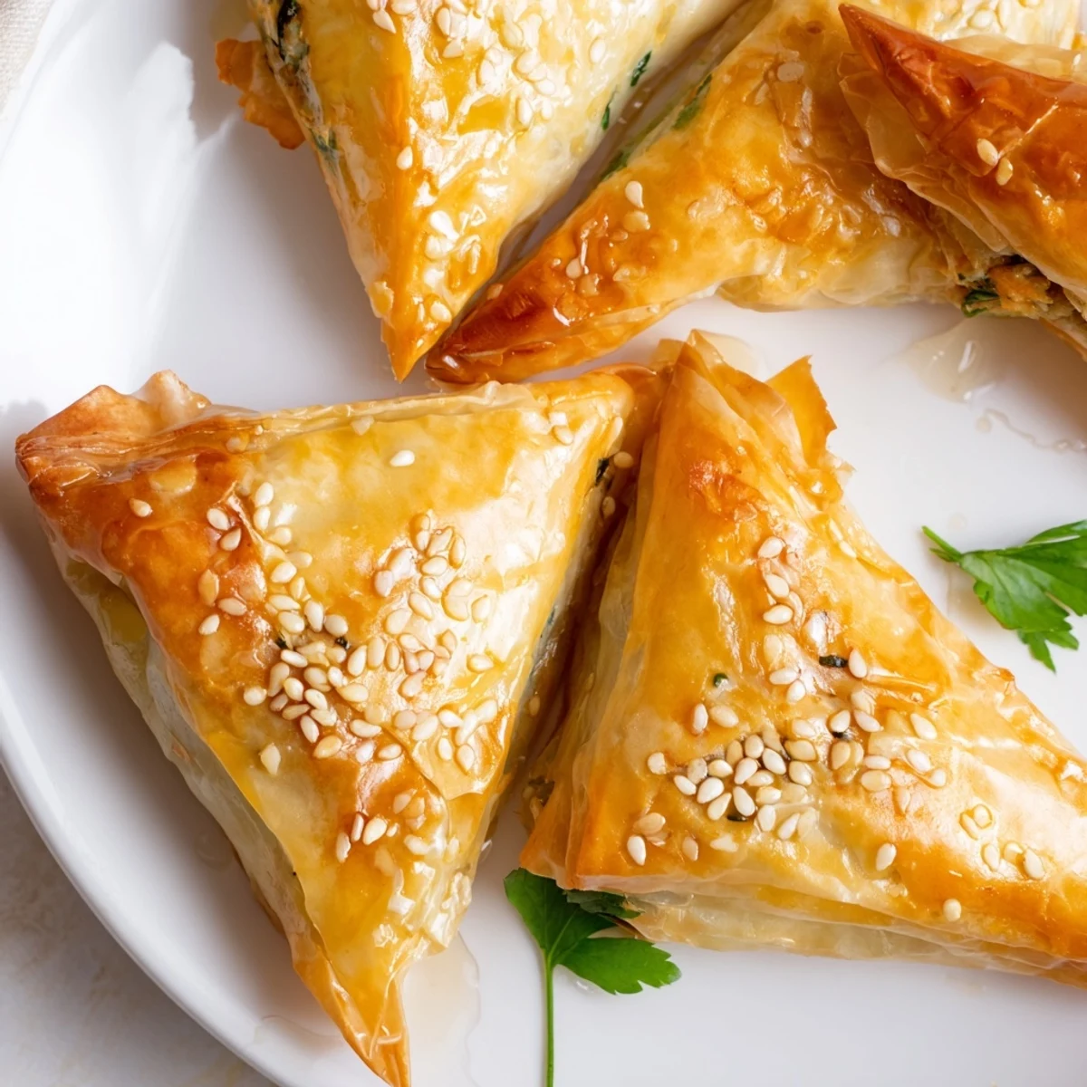 Moroccan spiced chicken briouats featuring golden flaky pastry with savory herb filling visible
