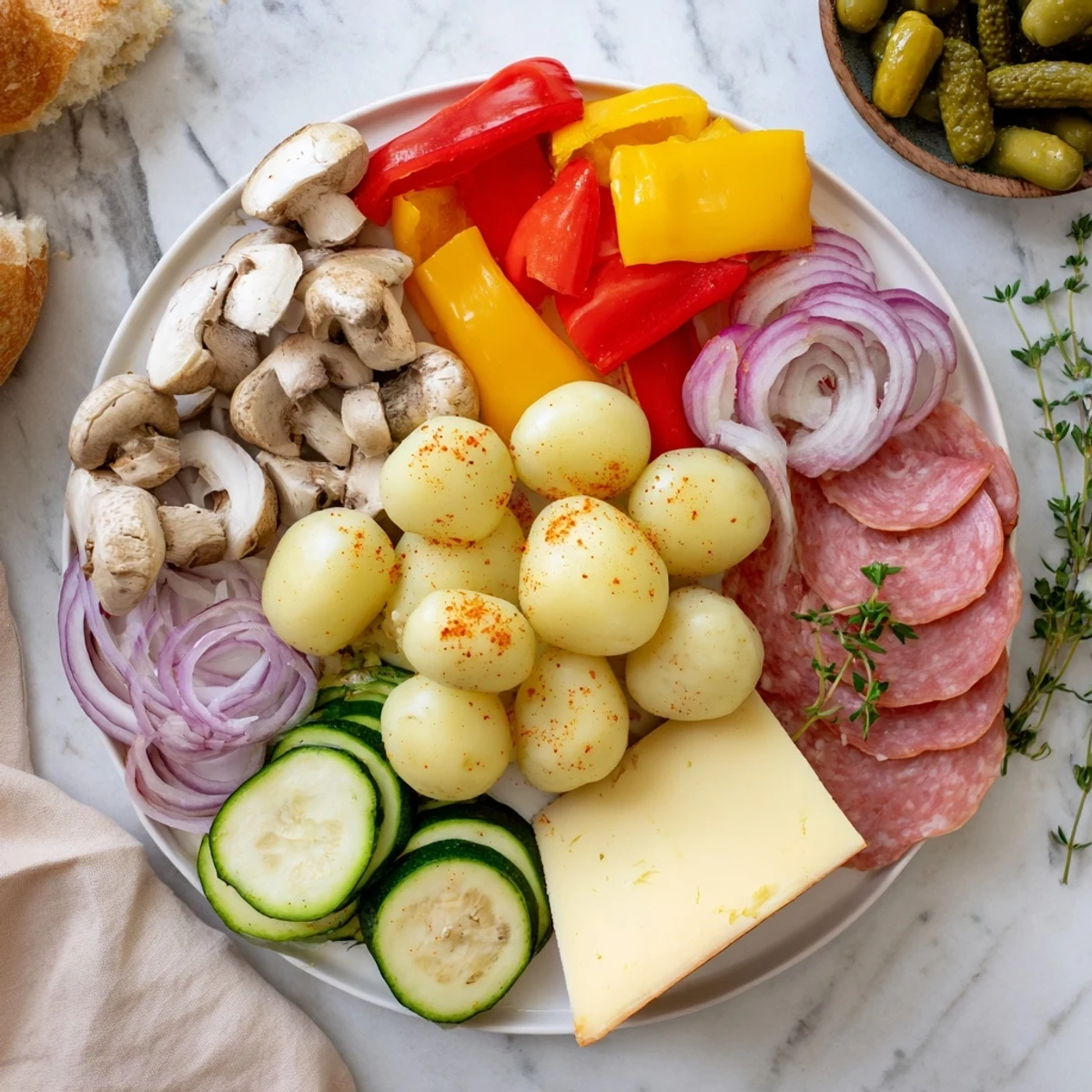 Golden Raclette dinner spread with melted cheese over boiled potatoes and colorful vegetables