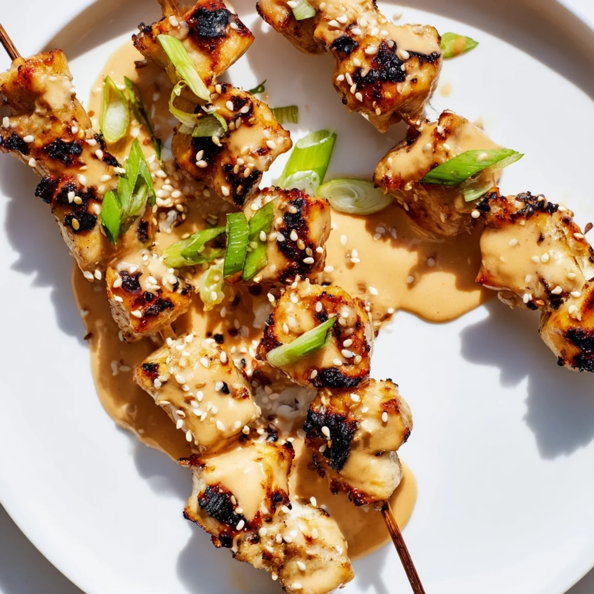 Golden grilled Bang Bang Chicken Skewers brushed with creamy spicy sauce and topped with sesame seeds