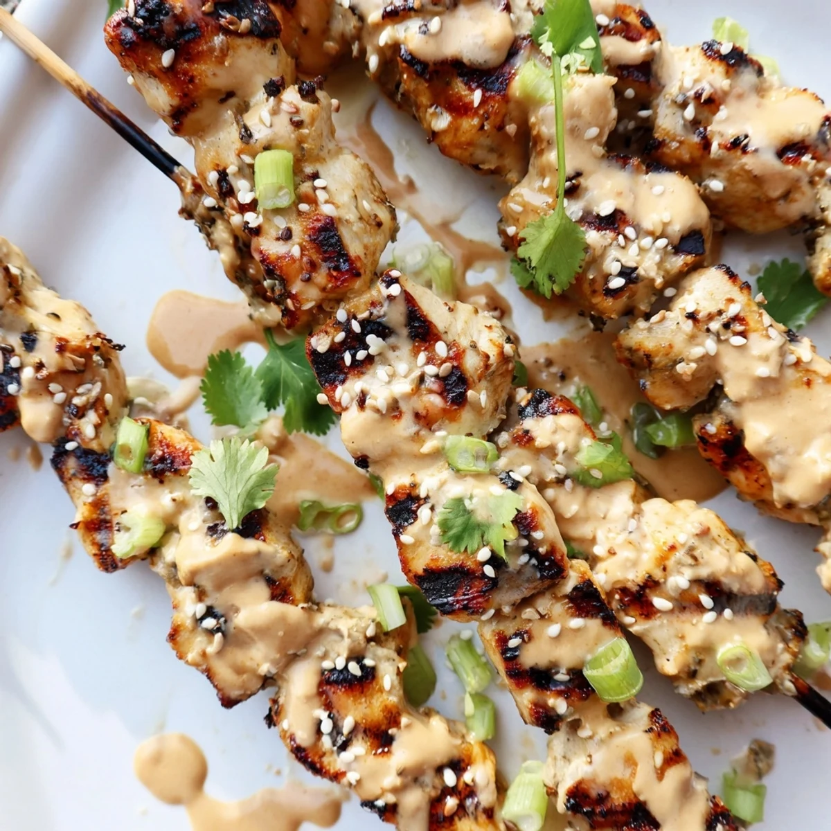 Juicy Bang Bang Chicken Skewers on a white plate drizzled with sweet chili sriracha glaze