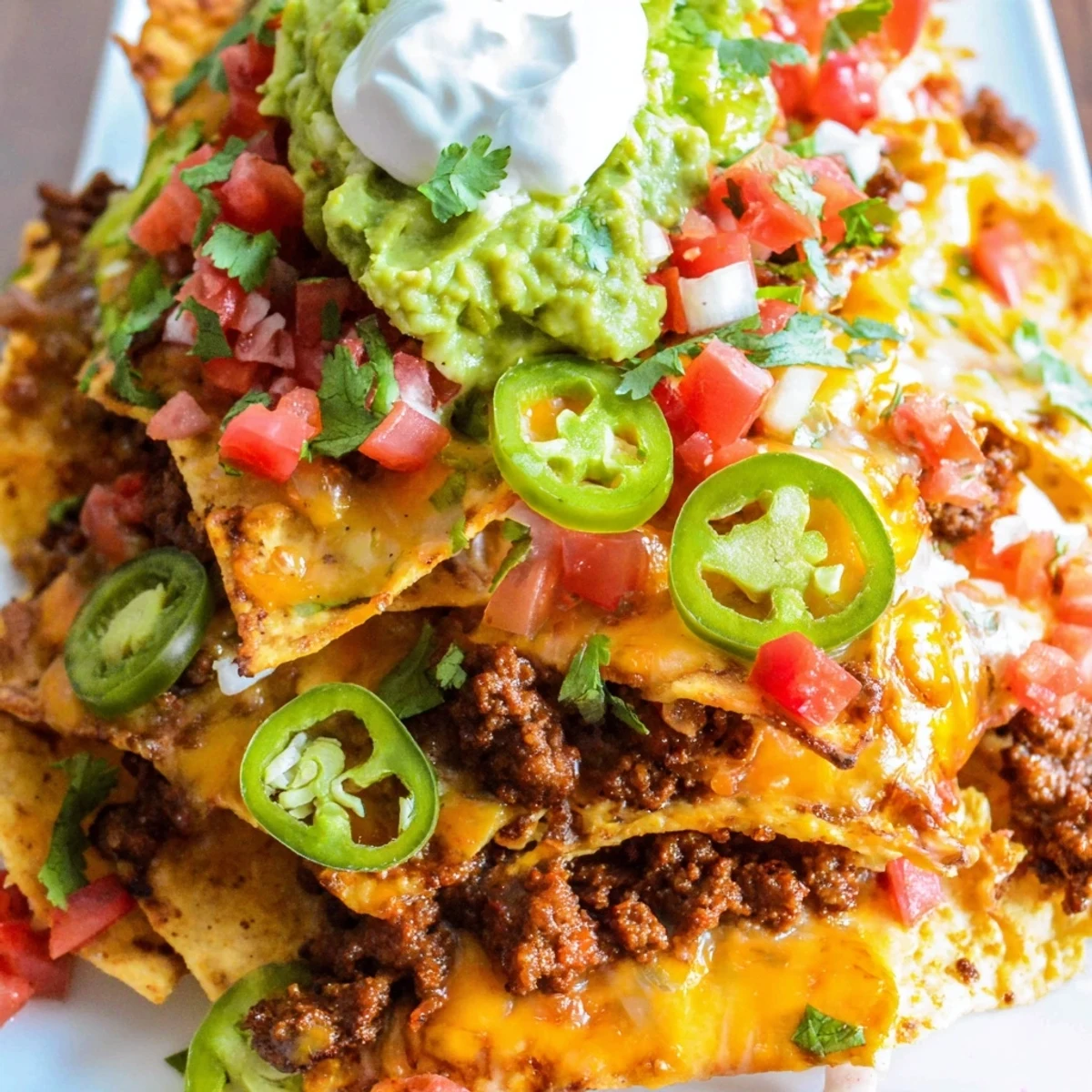 Loaded Texas nachos topped with melted cheddar, seasoned beef, fresh jalapeños, and sour cream
