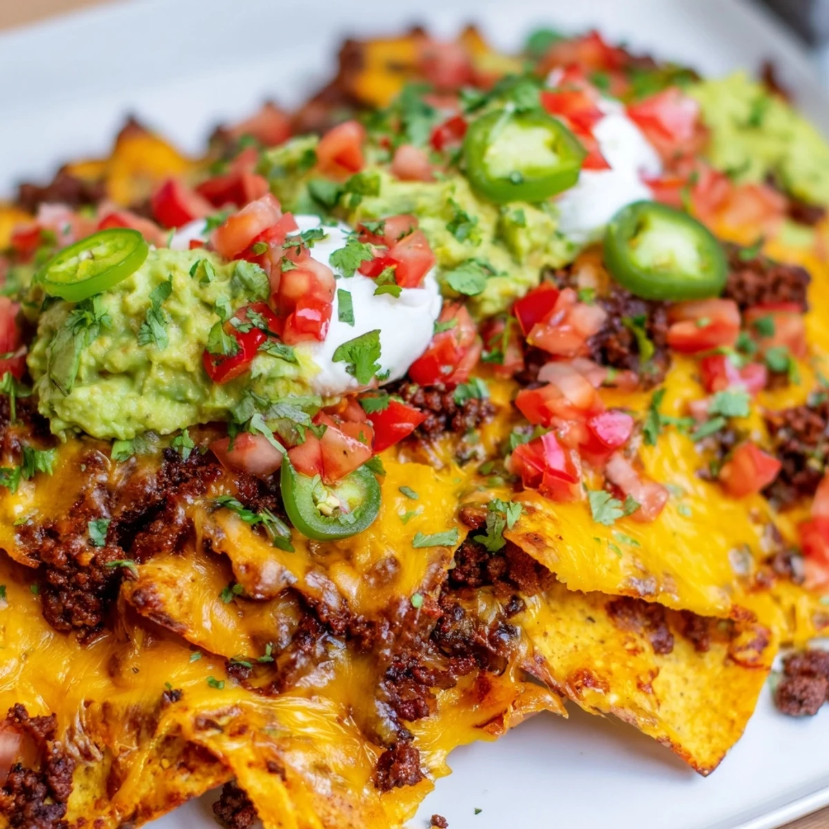 Golden tortilla chips layered with spicy ground beef and bubbly cheese for game day Texas nachos
