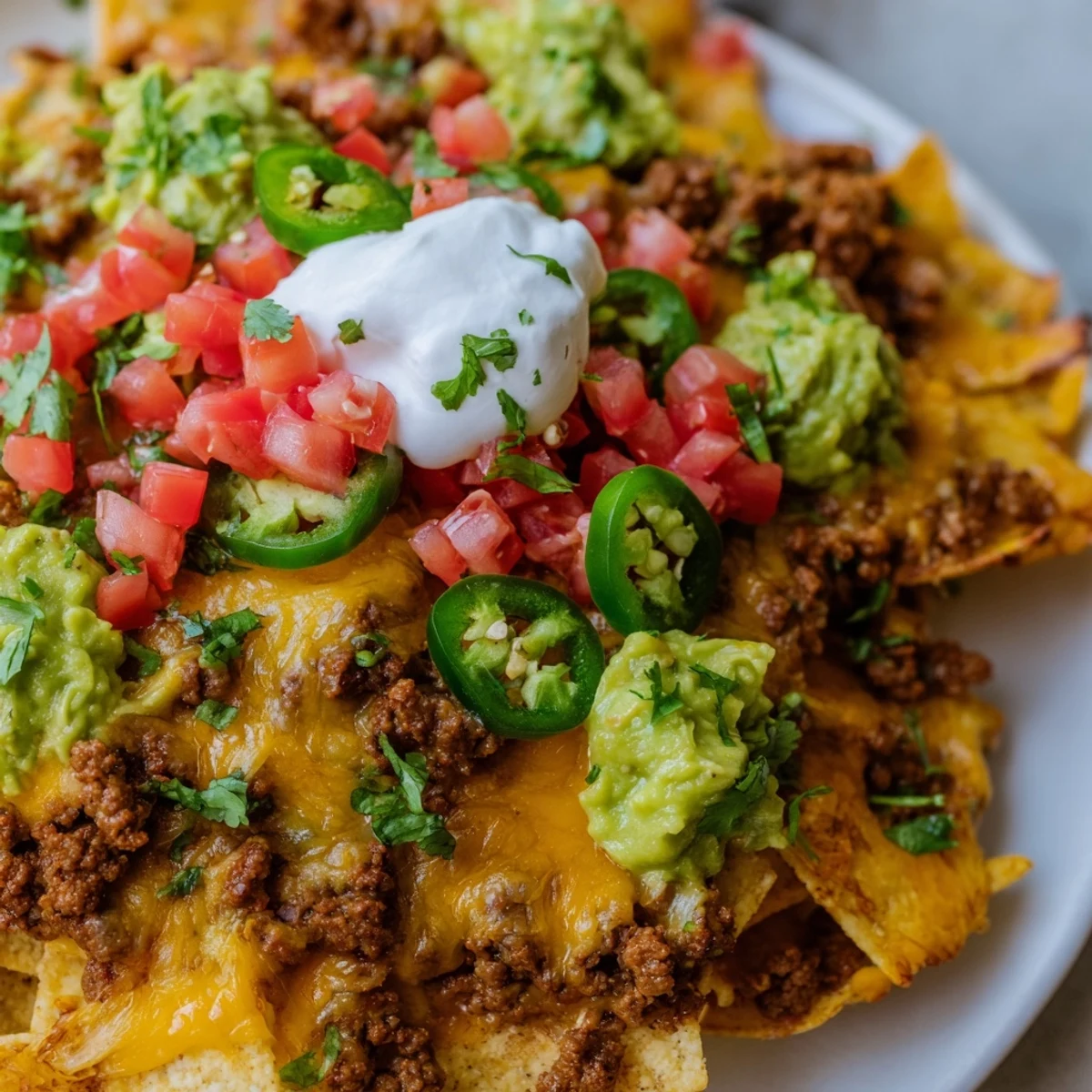 Hearty Texas nachos piled high with beef mixture, vibrant tomatoes, cilantro, and creamy guacamole toppings