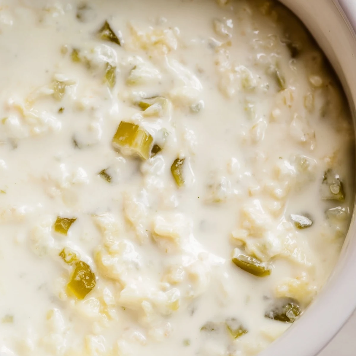 Creamy white queso dip bubbling in a saucepan with melted white American cheese and diced green chilies