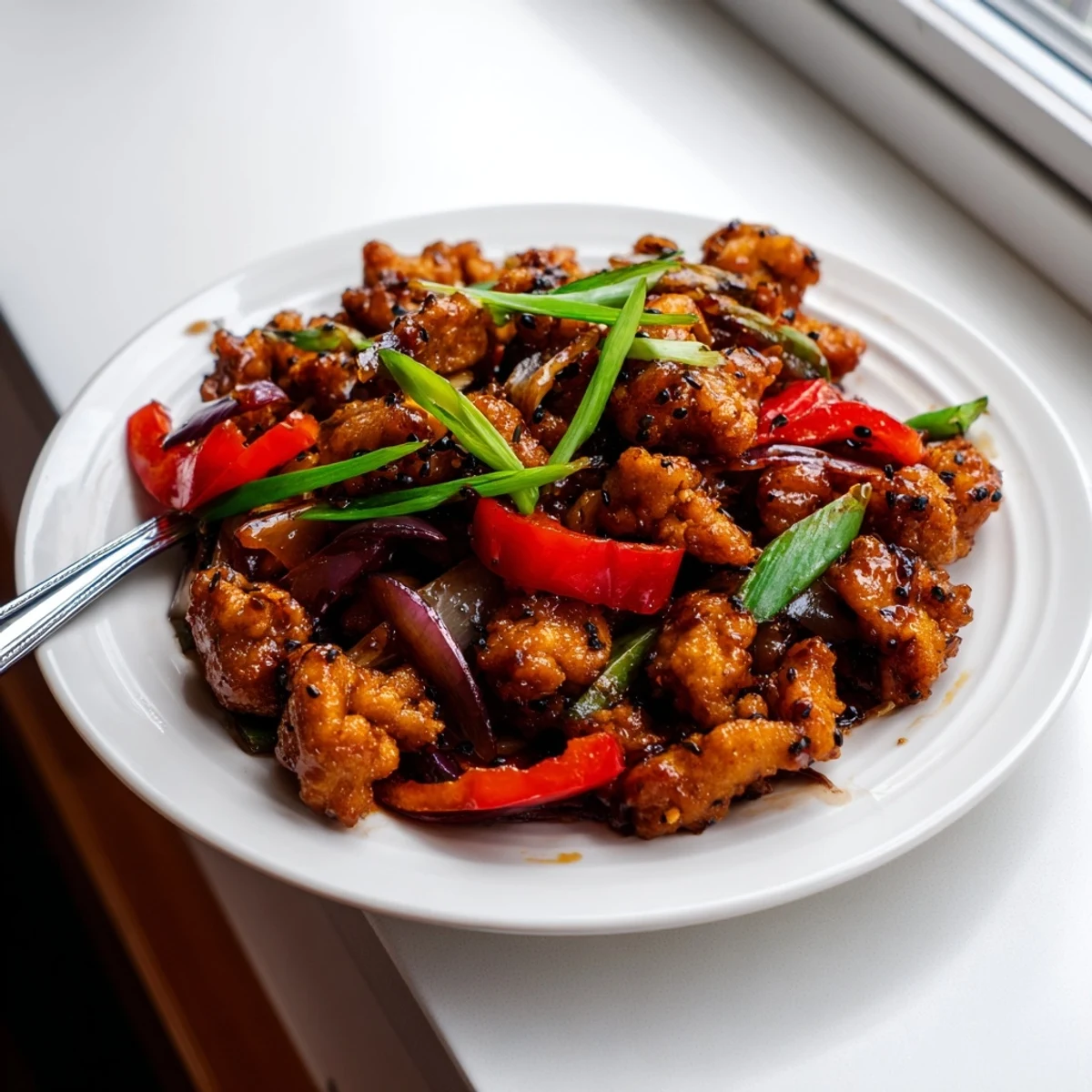 Juicy chicken coated in crunchy cornstarch batter served with sautéed vegetables and aromatic black pepper glaze
