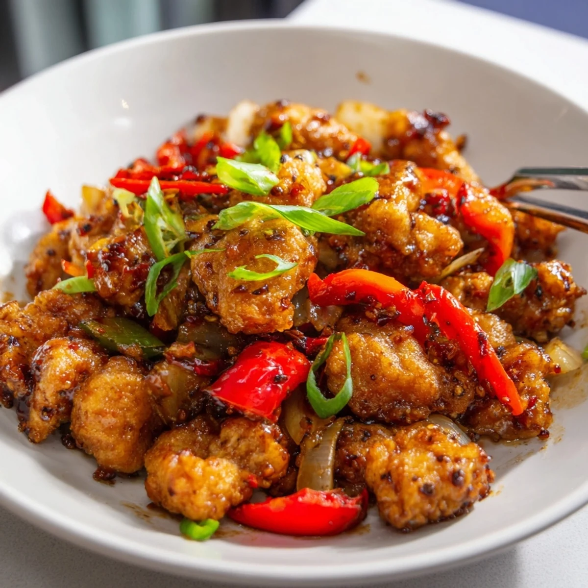 Golden crispy pepper chicken pieces tossed with colorful bell peppers and freshly cracked black pepper in a savory sauce