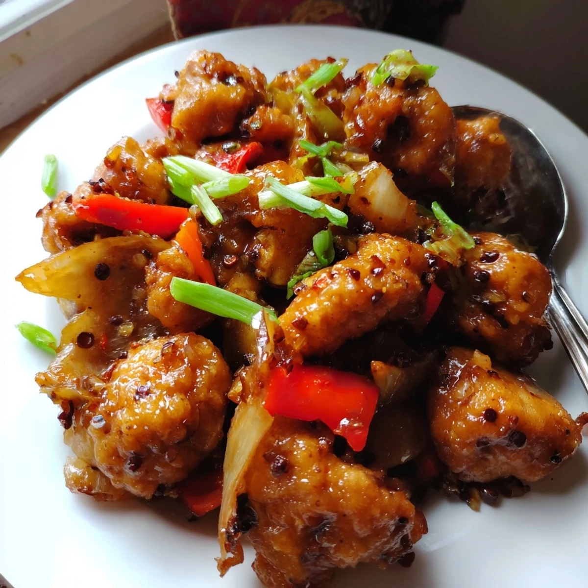 Plate of homemade crispy pepper chicken garnished with green onions alongside steamed white rice for dinner