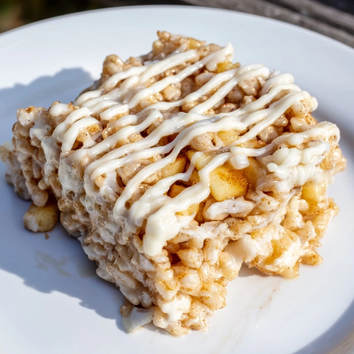 Golden Apple Pie Rice Krispie Treats bars with caramelized apple pieces and white chocolate drizzle on a white plate