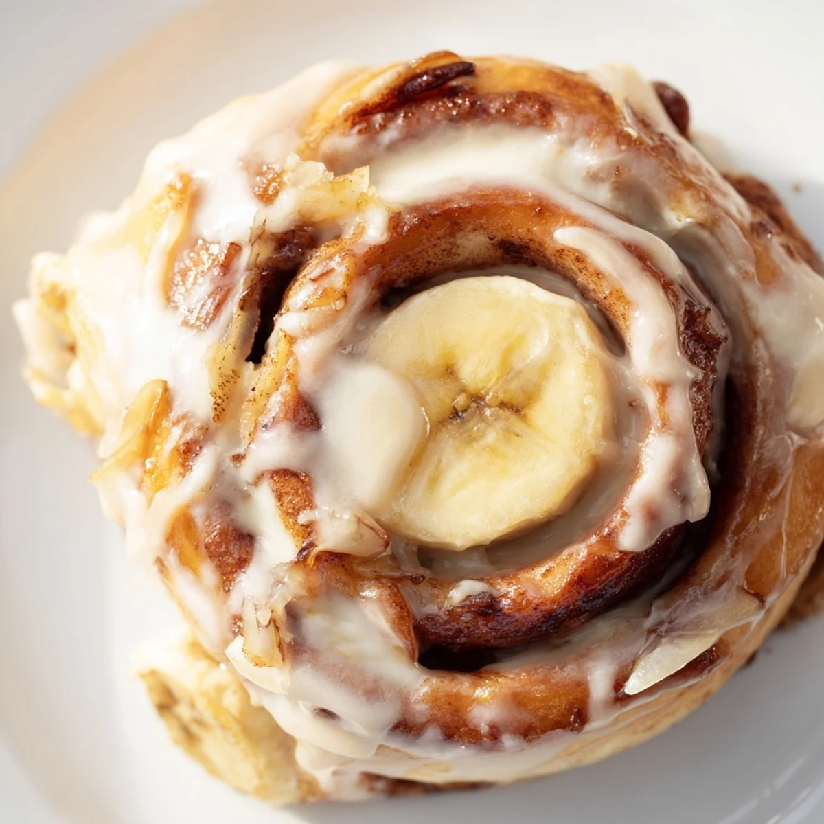 Golden banana cinnamon rolls drizzled with thick cream cheese glaze on a white plate