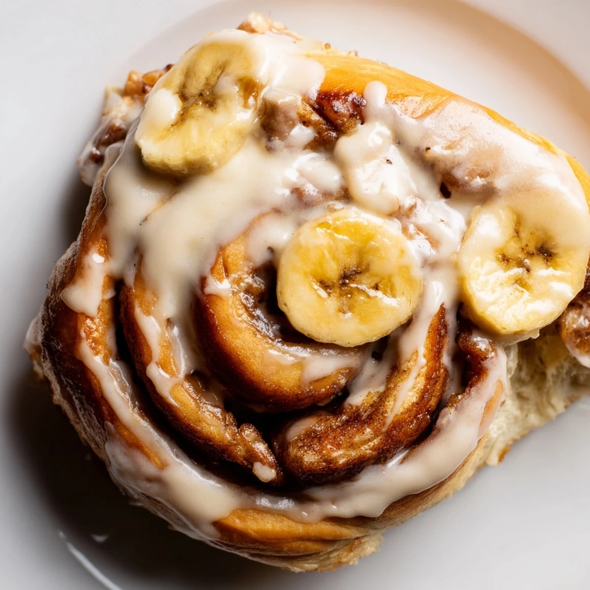 Freshly baked banana cinnamon rolls with spiral cinnamon filling and sweet banana slices peeking through