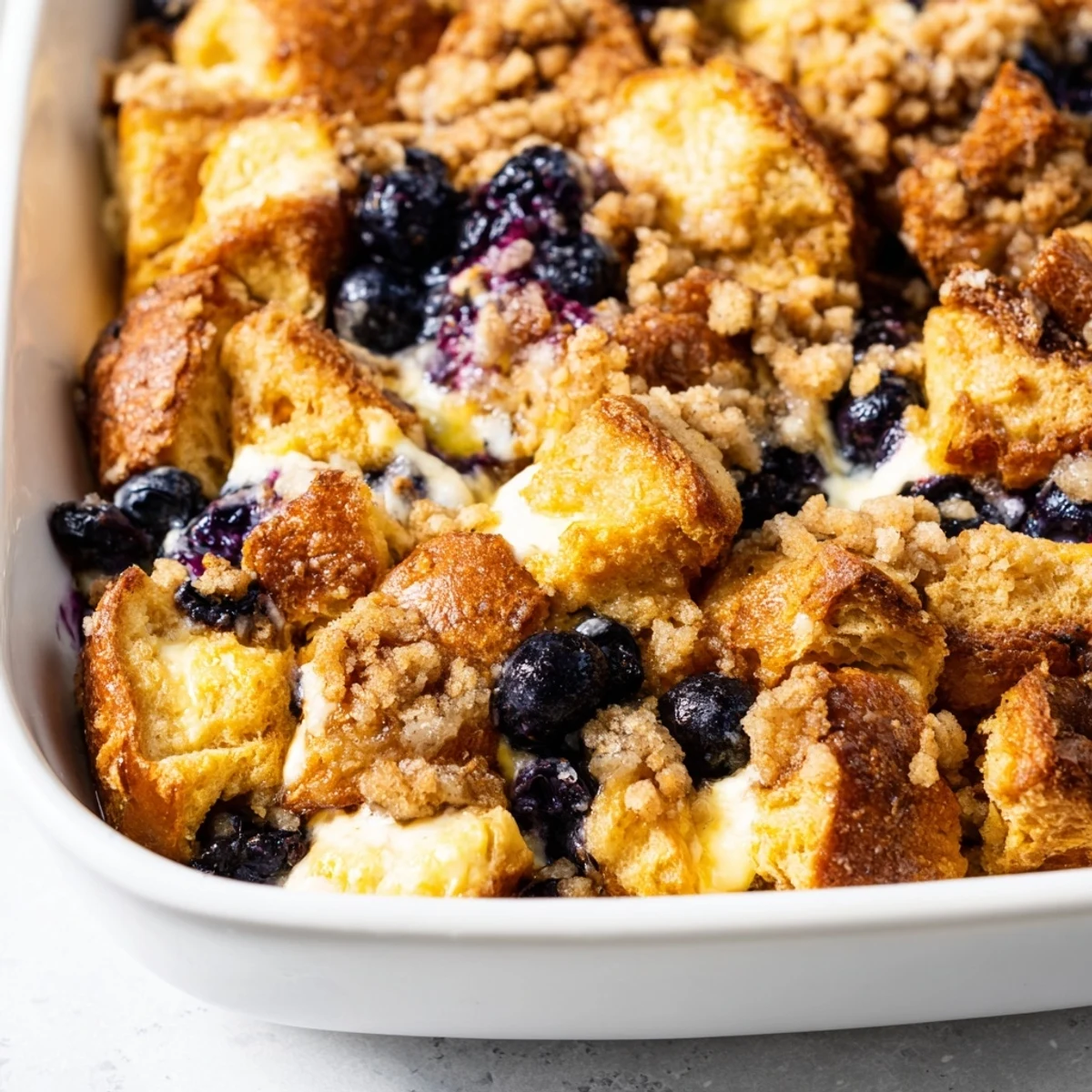 Overnight breakfast casserole with custardy bread cubes and cream cheese layered with sweet blueberries